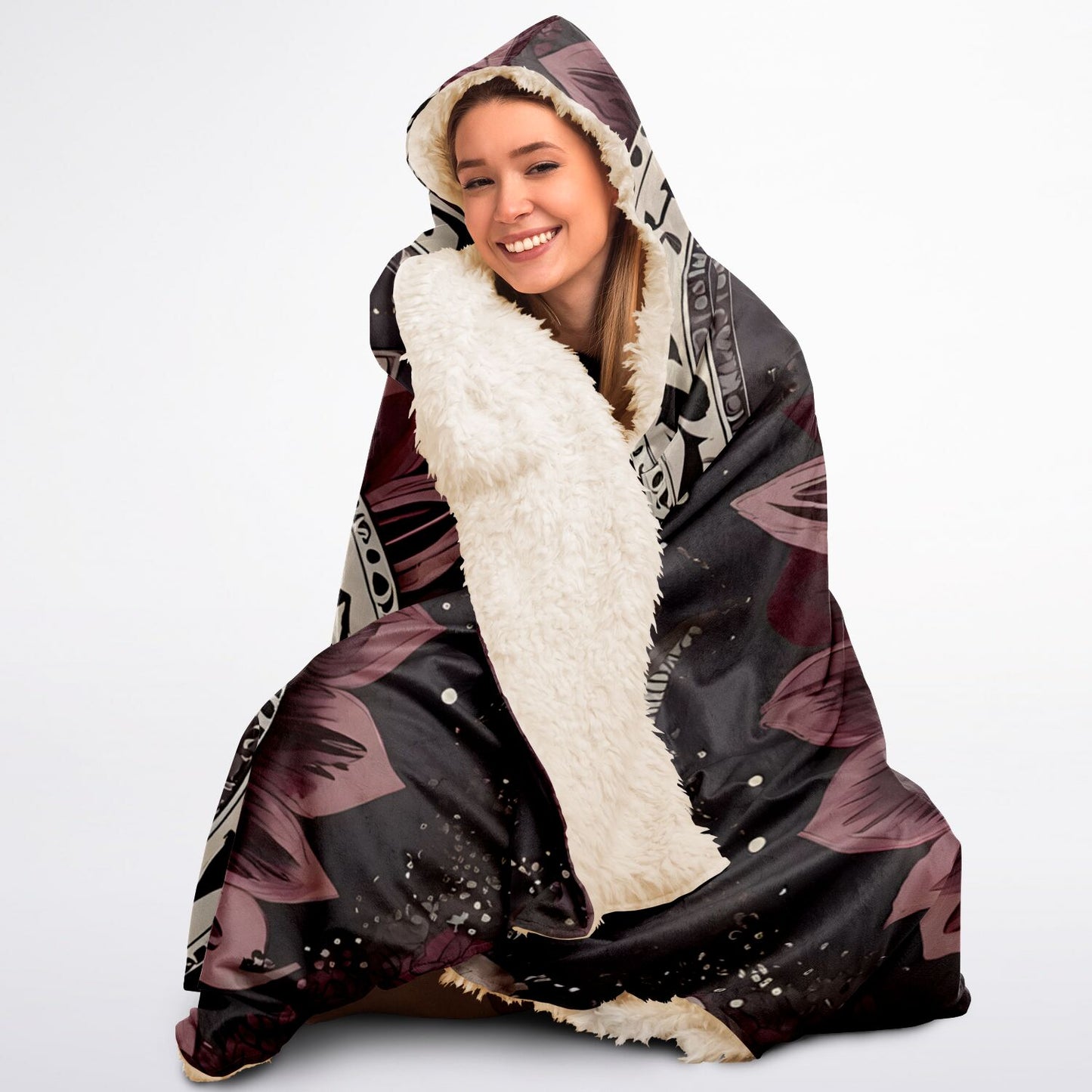 Maroon Mandala Hooded Blanket - Sherpa Fleece with Americana Boho Festival Design