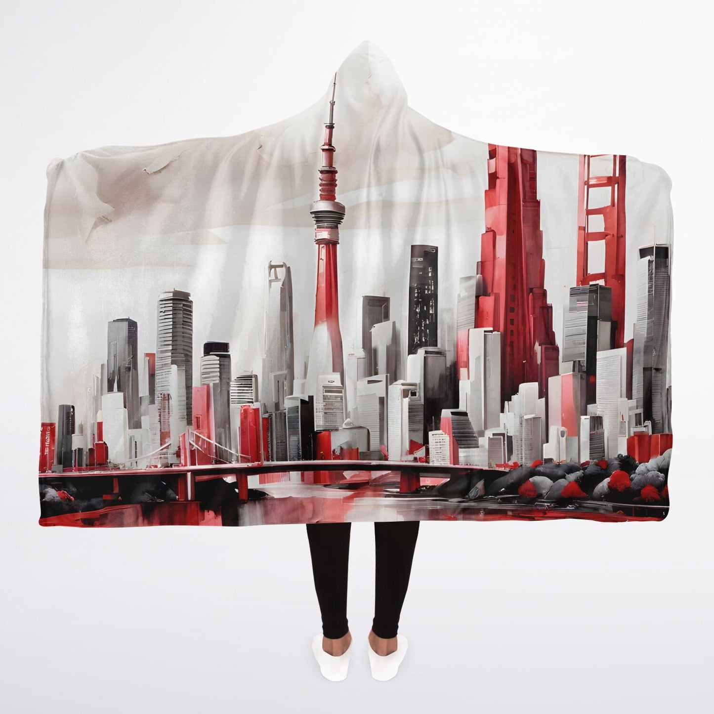 Bold Print Hooded Blanket - Sherpa Fleece with City White and Bold Red Accents