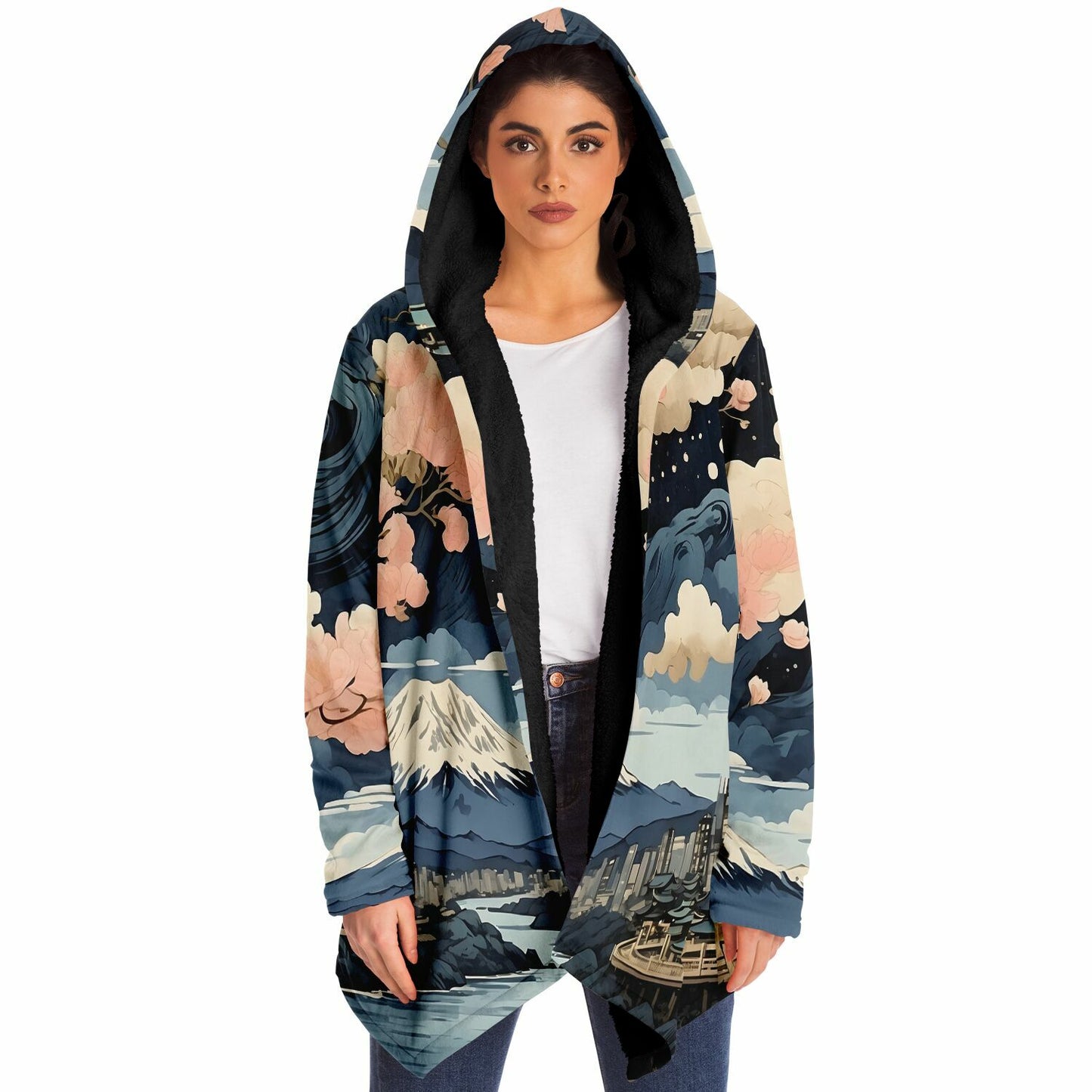 Painted Kyoto Hooded Cloak - Sherpa Fleece with Anime Japanese City Skyline