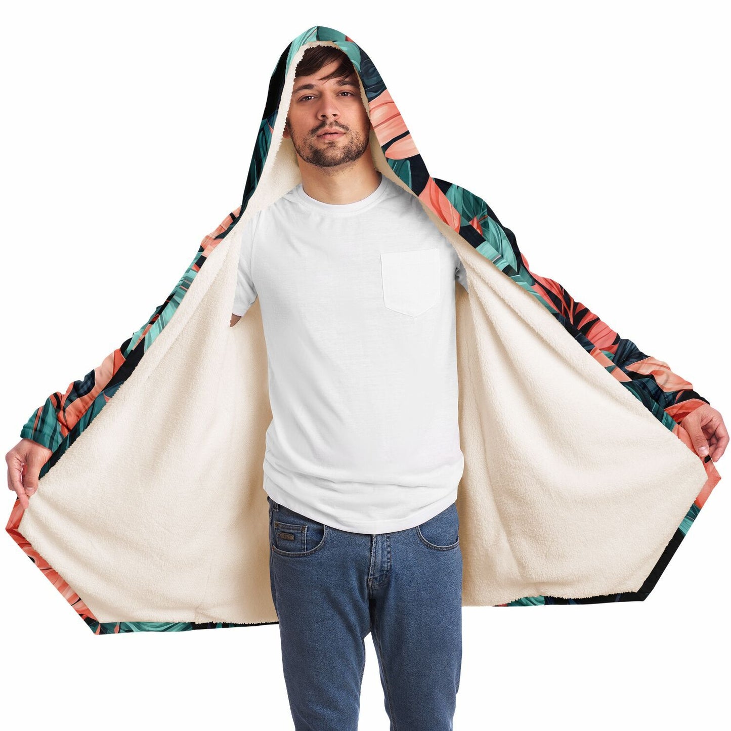 Festival Style Hooded Cloak - Fleece Cloak with Bold Floral Patterns