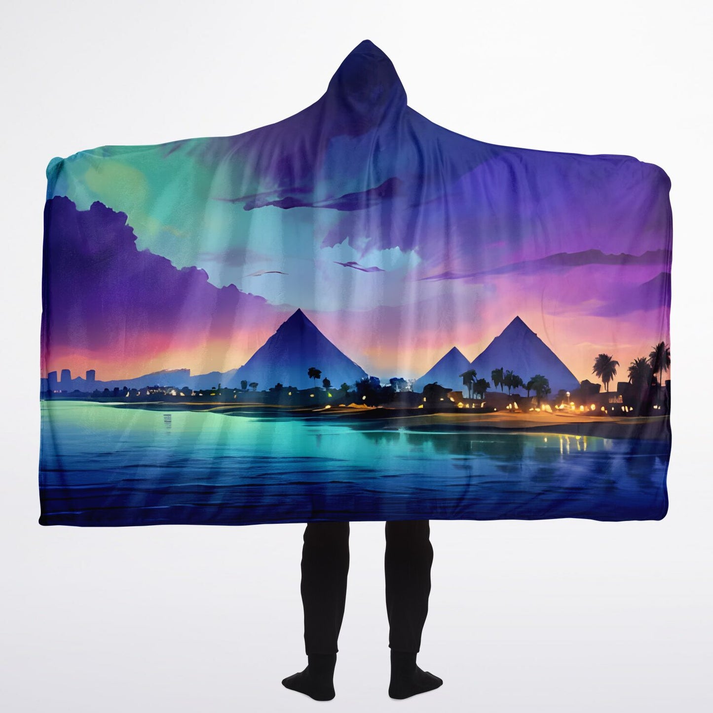 Anime Pyramids Hooded Blanket - Sherpa Fleece with Fantasy Egyptian Artwork Scene