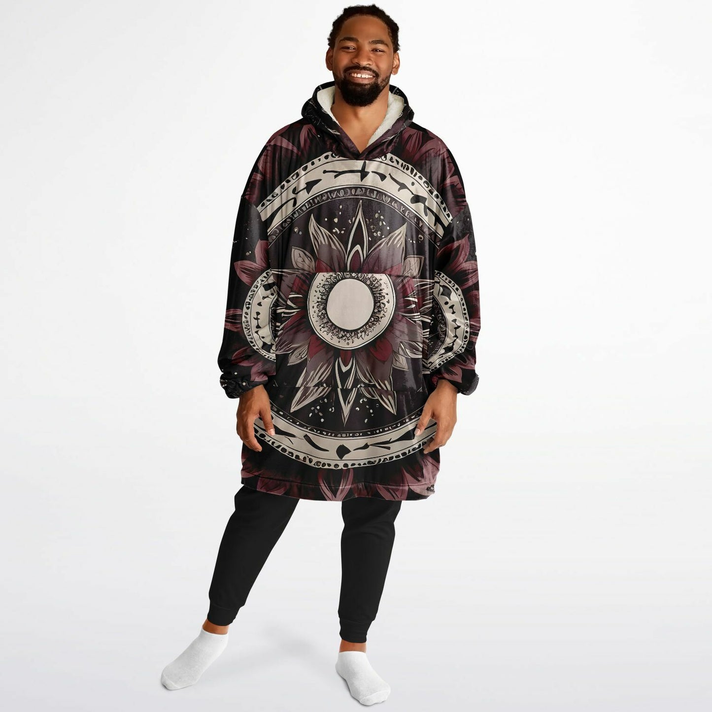 Maroon Mandala Snug Hoodie - Festival Fleece Wearable Hoodie - Essentials Hoodie