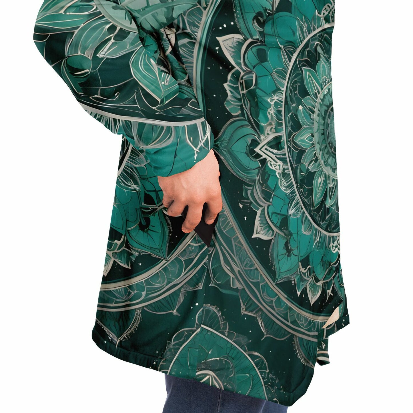 Emerald Mandala Hooded Cloak - Durable Fleece Cloak with Abstract Mandala Pattern
