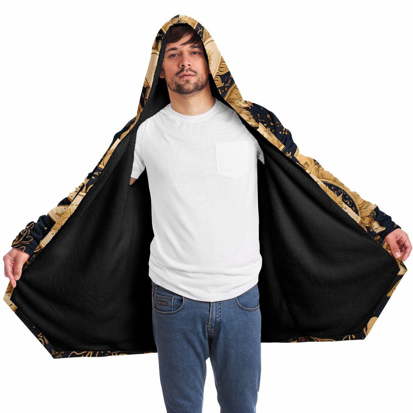 Celestial Blue Hooded Cloak - Sherpa Fleece with Gold Sun and Solar Aesthetics