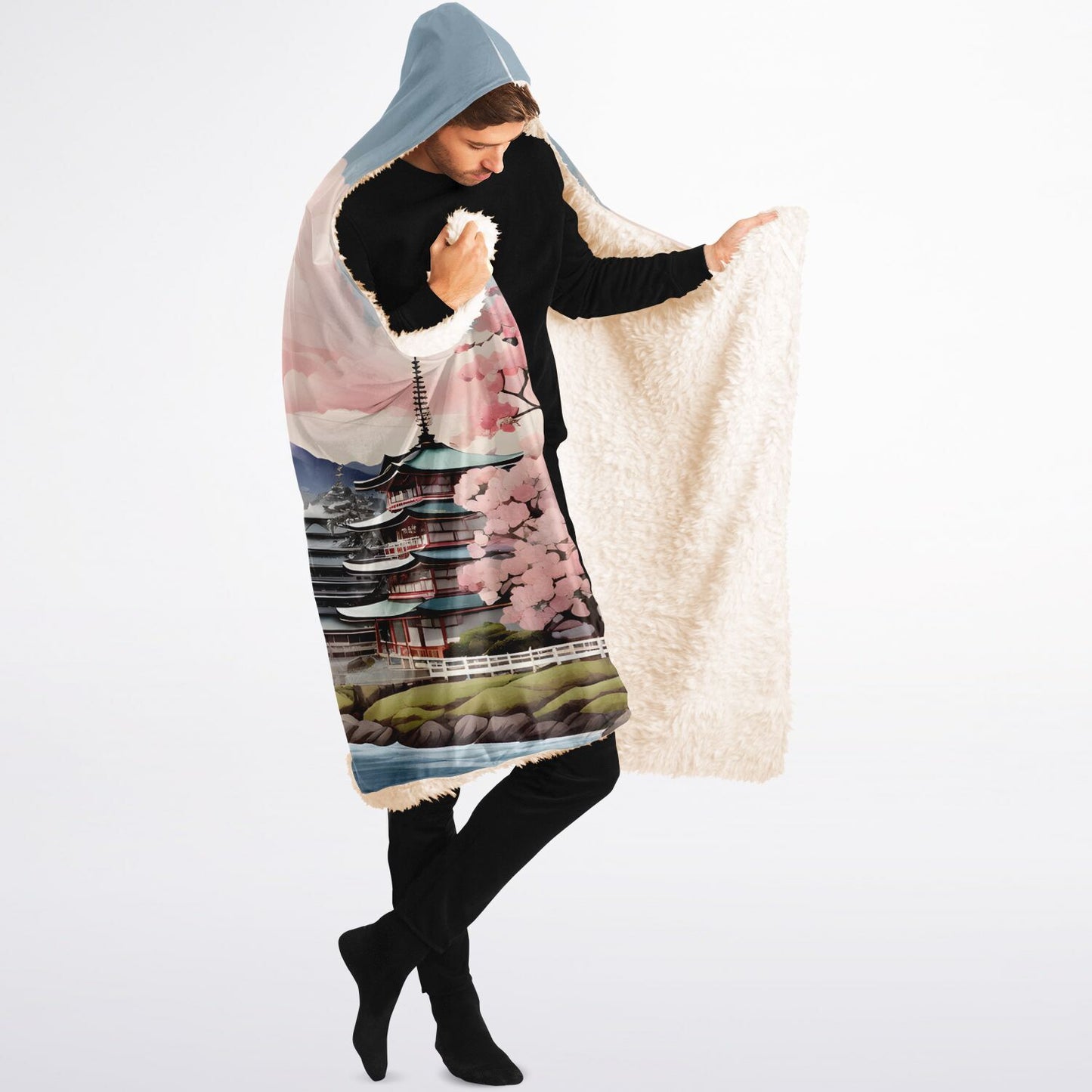 Pastel Mount Fuji Hooded Blanket - Sherpa Fleece with Japanese Fantasy Scene