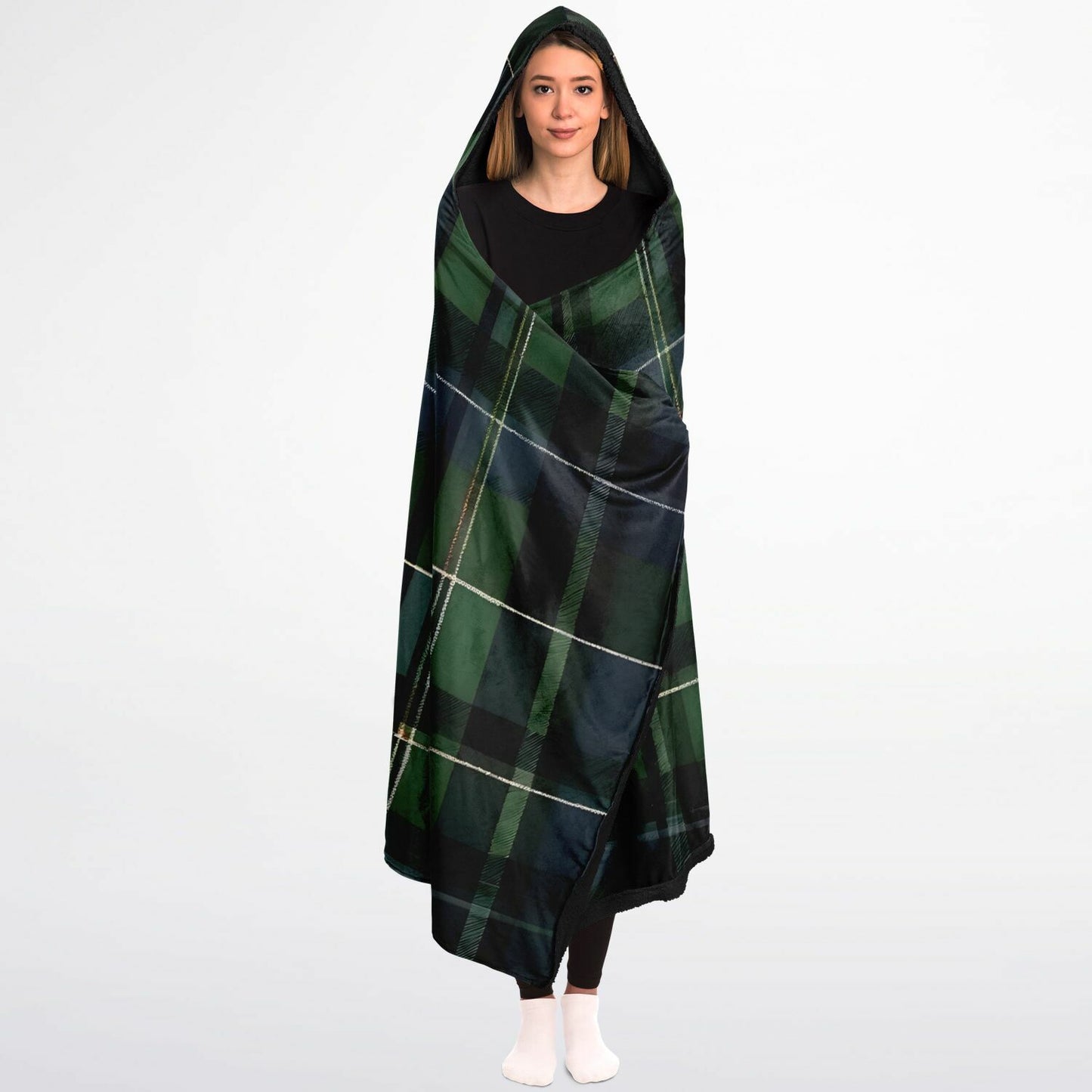 Green Tartan Hooded Blanket - Festival Blanket - Fleece Blanket