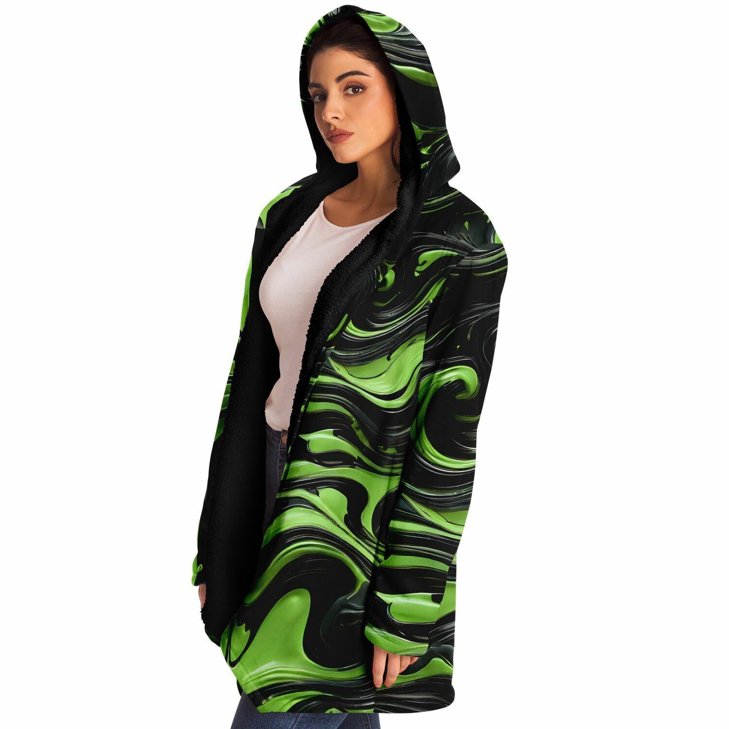 Green Raver's Hooded Cloak - Festival Fleece Cloak with Swirl Pattern