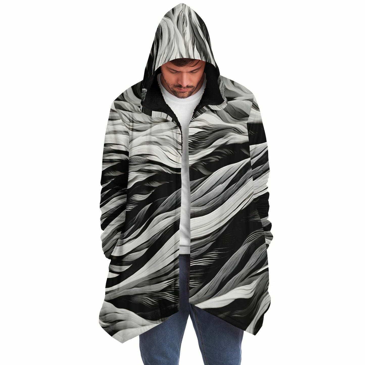 Rave Fashion Hooded Cloak - Fleece Lined Festival Wear with Black Swirl Pattern