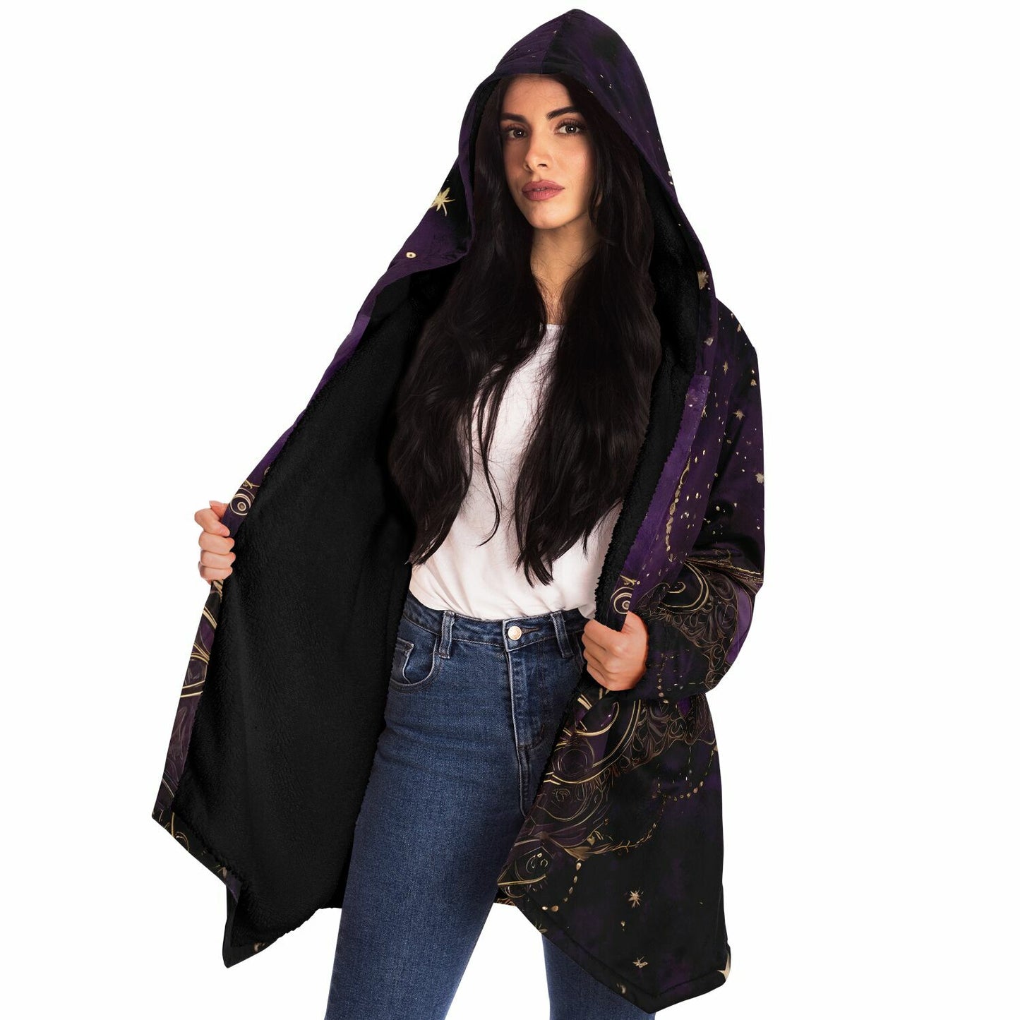 Celestial Purple Hooded Cloak - Sherpa Fleece with Fantastical Gold outlines and Stars