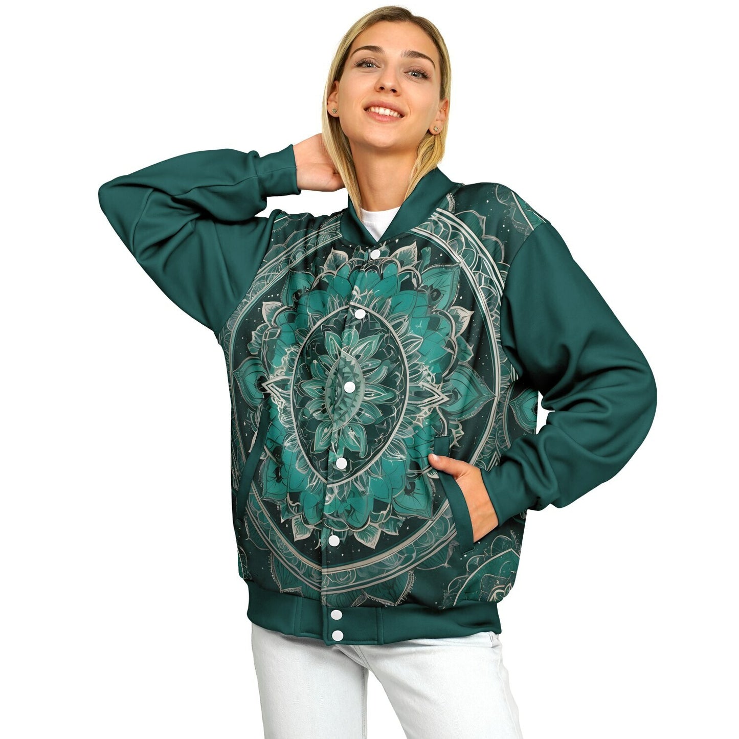 Green Mandala Baseball Jacket - Custom Bomber Jacket with Artistic Print