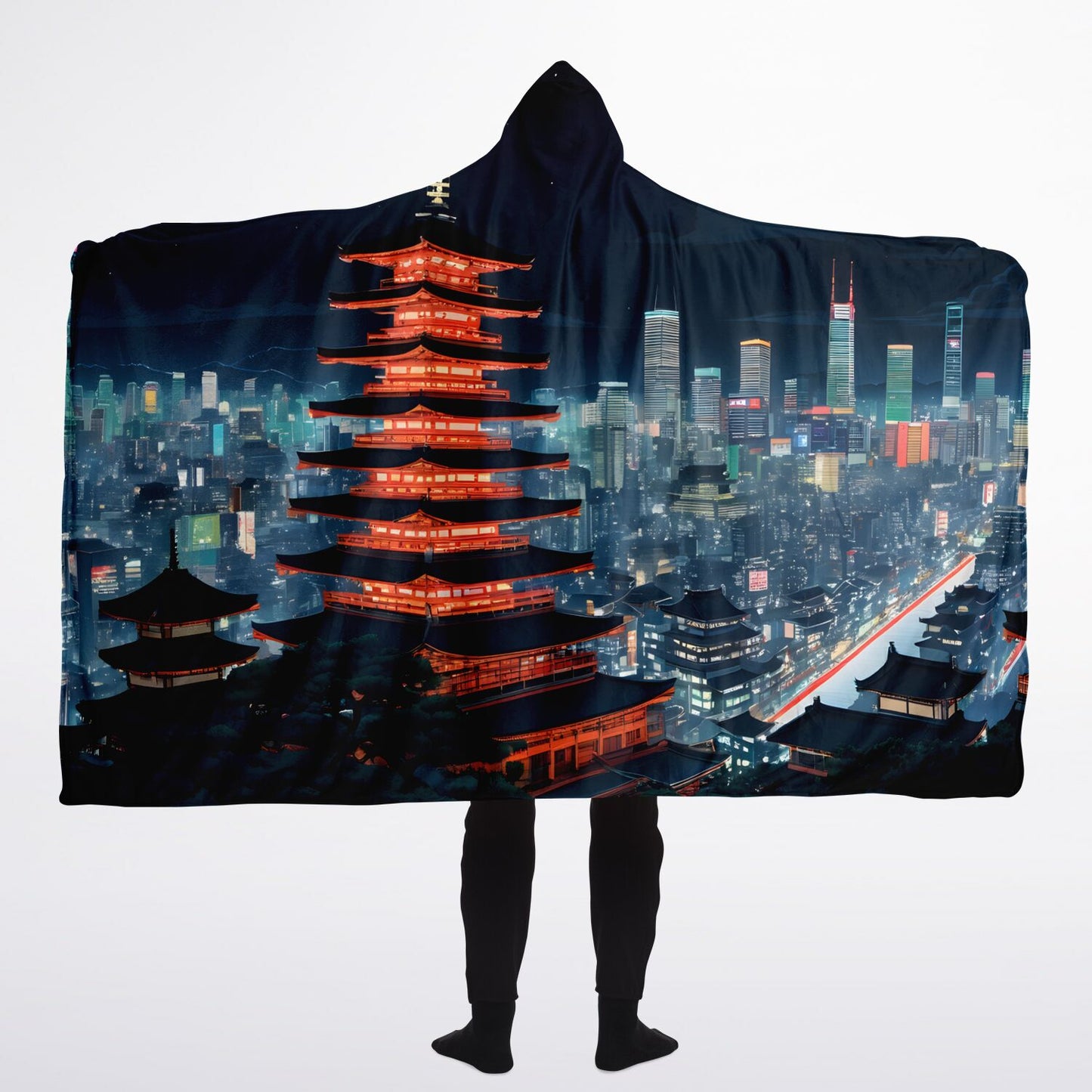 Anime Tokyo City Hooded Blanket - Sherpa Fleece with Electric Nightlife City Print