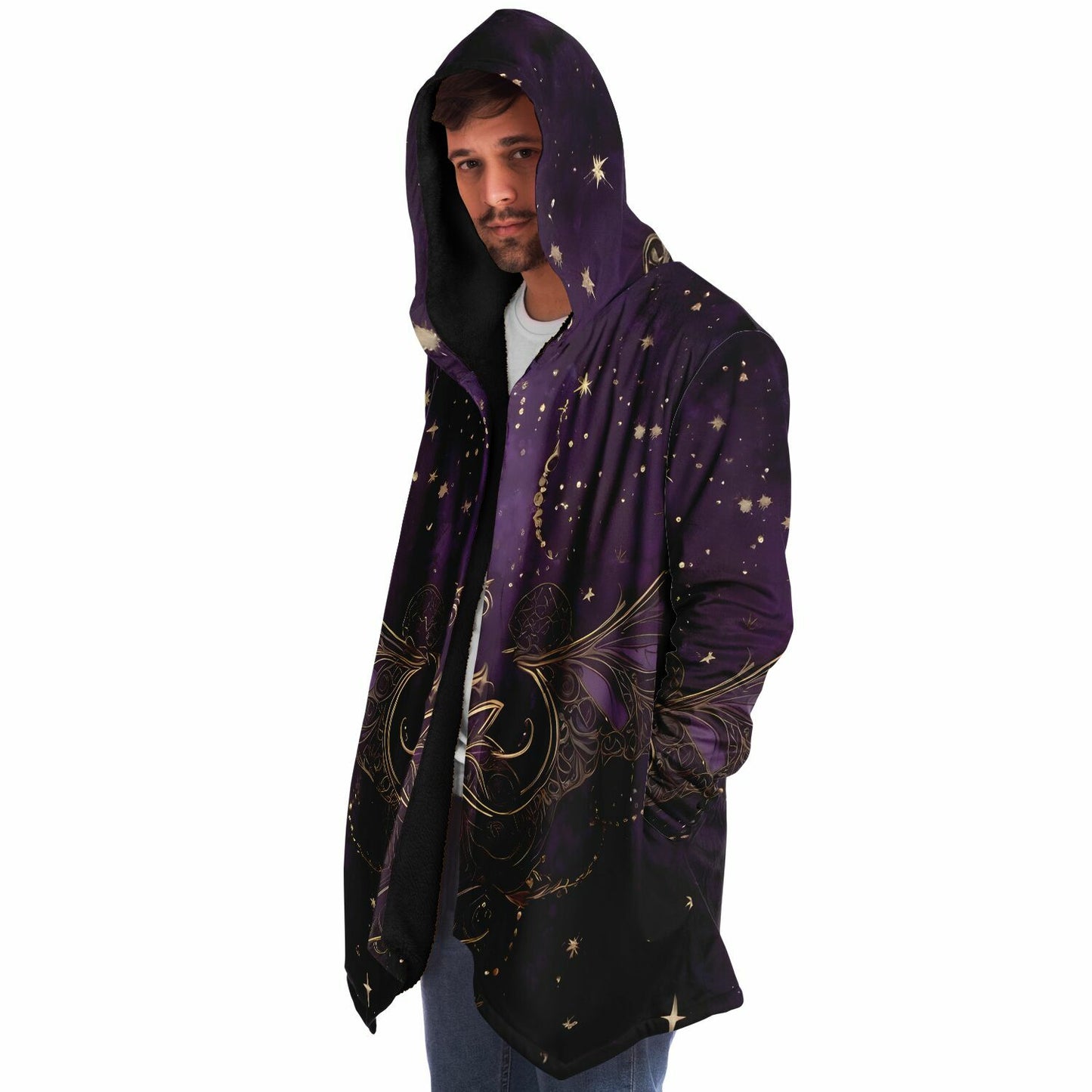 Celestial Purple Hooded Cloak - Sherpa Fleece with Fantastical Gold outlines and Stars