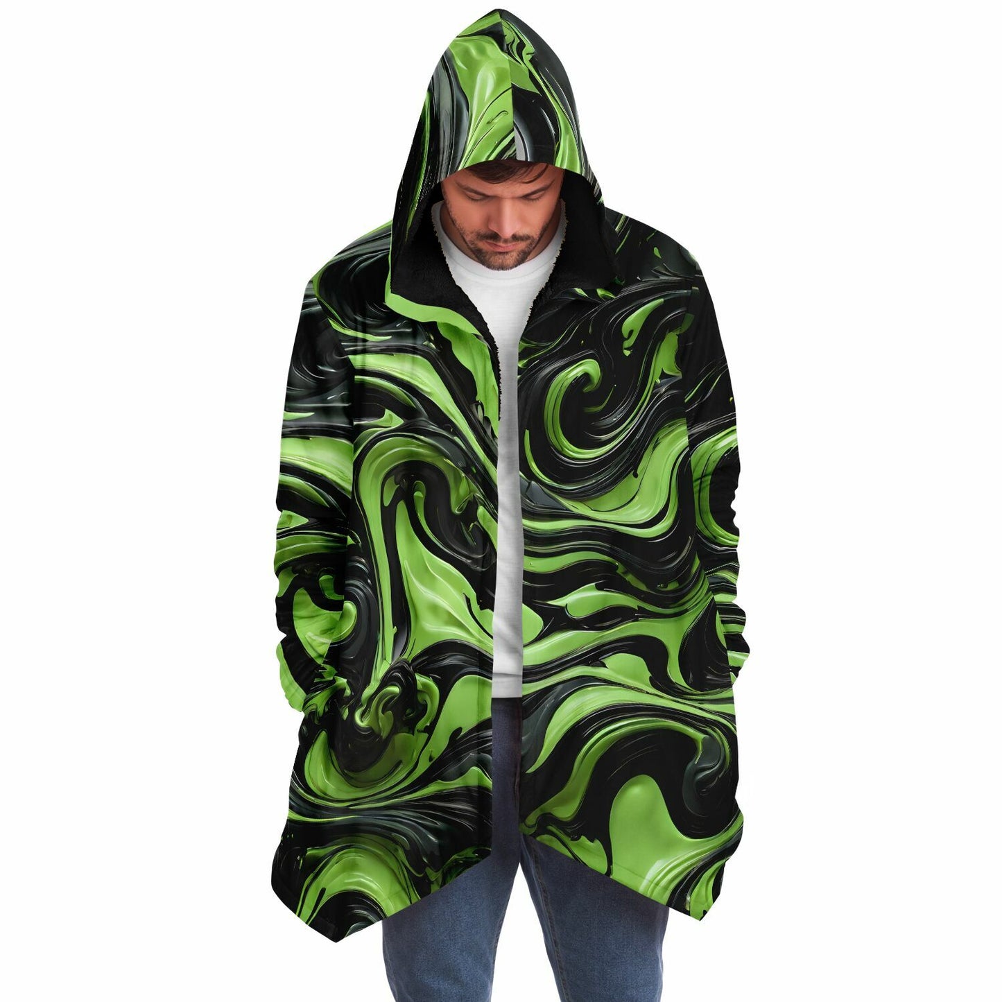 Green Raver's Hooded Cloak - Festival Fleece Cloak with Swirl Pattern