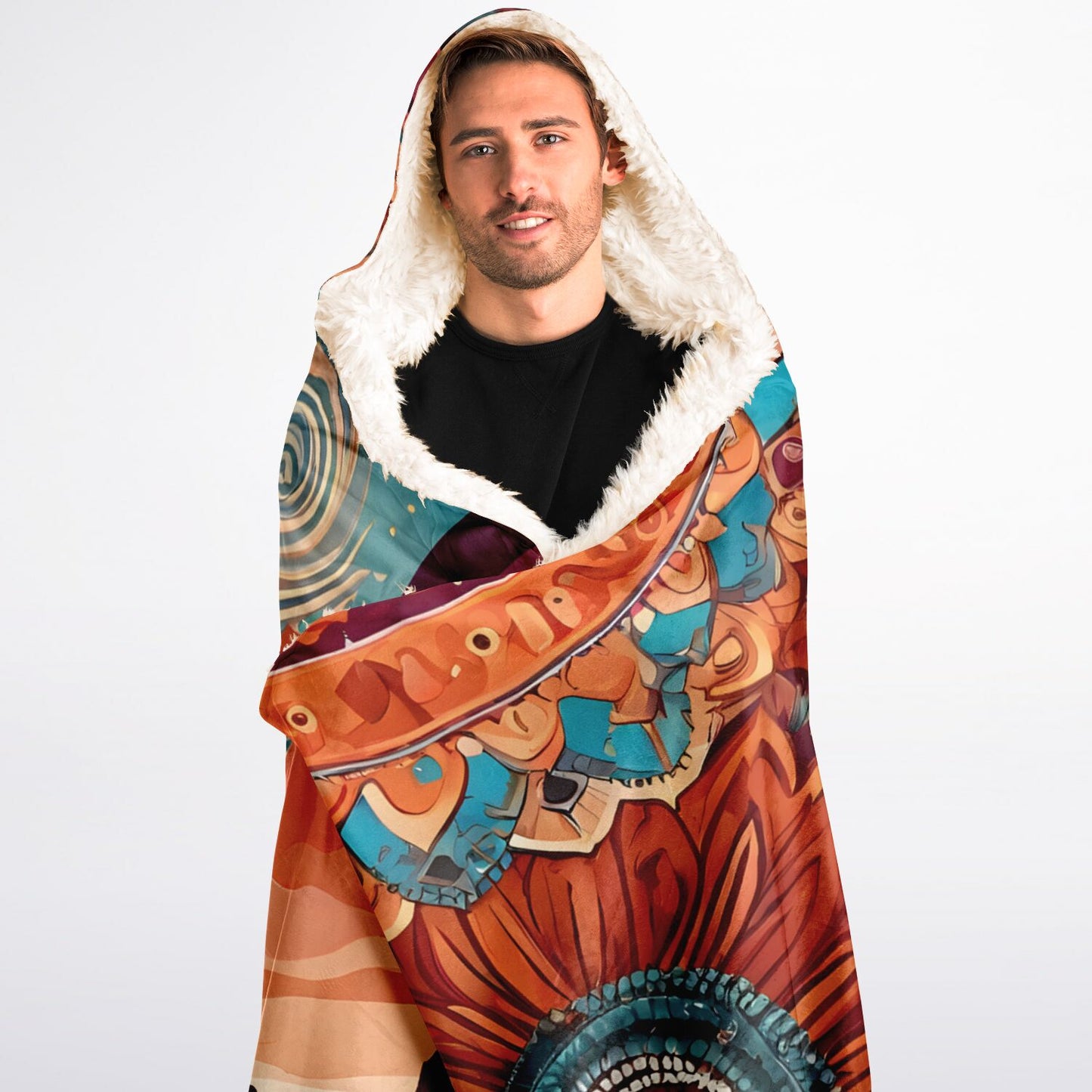 Boho Desert Hooded Blanket - Sherpa Fleece with Boho Desert Horizon and Sunflower