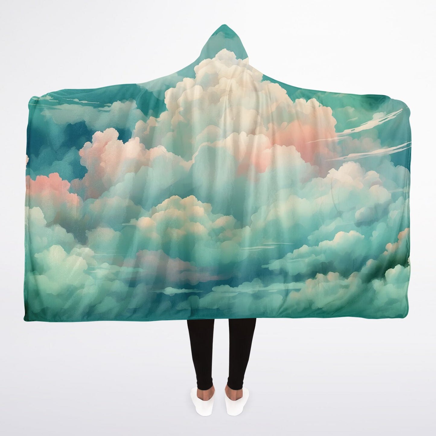 Green Clouds Hooded Blanket - Sherpa Fleece with Anime Cloud Pattern