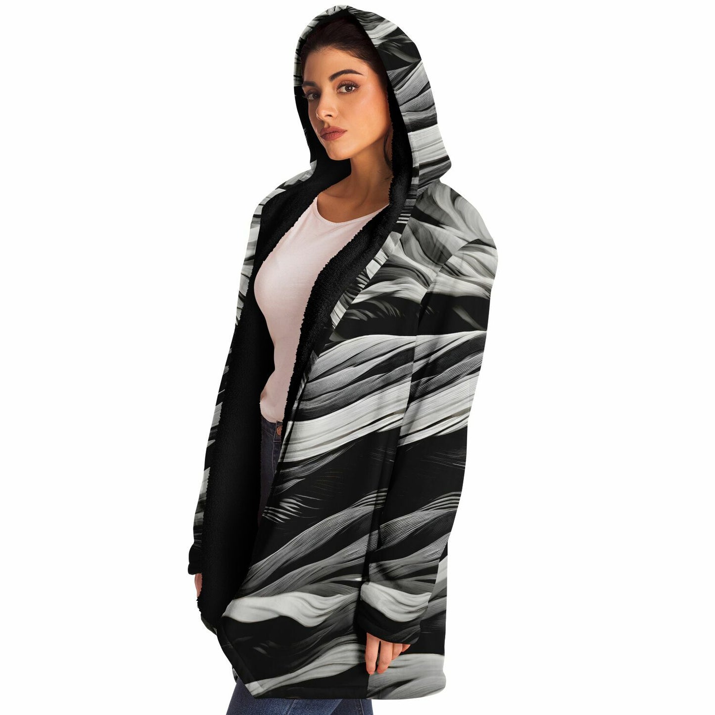 Rave Fashion Hooded Cloak - Fleece Lined Festival Wear with Black Swirl Pattern
