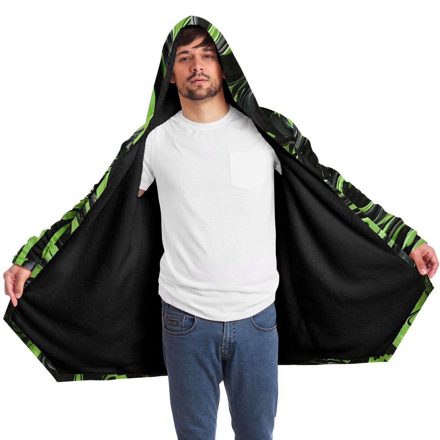 Green Raver's Hooded Cloak - Festival Fleece Cloak with Swirl Pattern