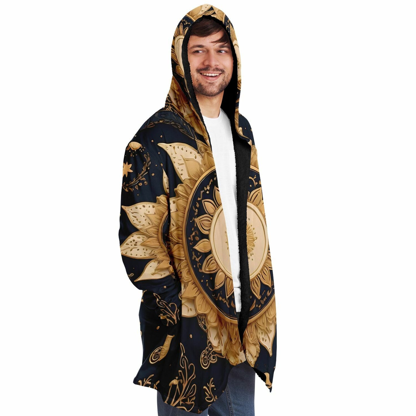 Celestial Blue Hooded Cloak - Sherpa Fleece with Gold Sun and Solar Aesthetics