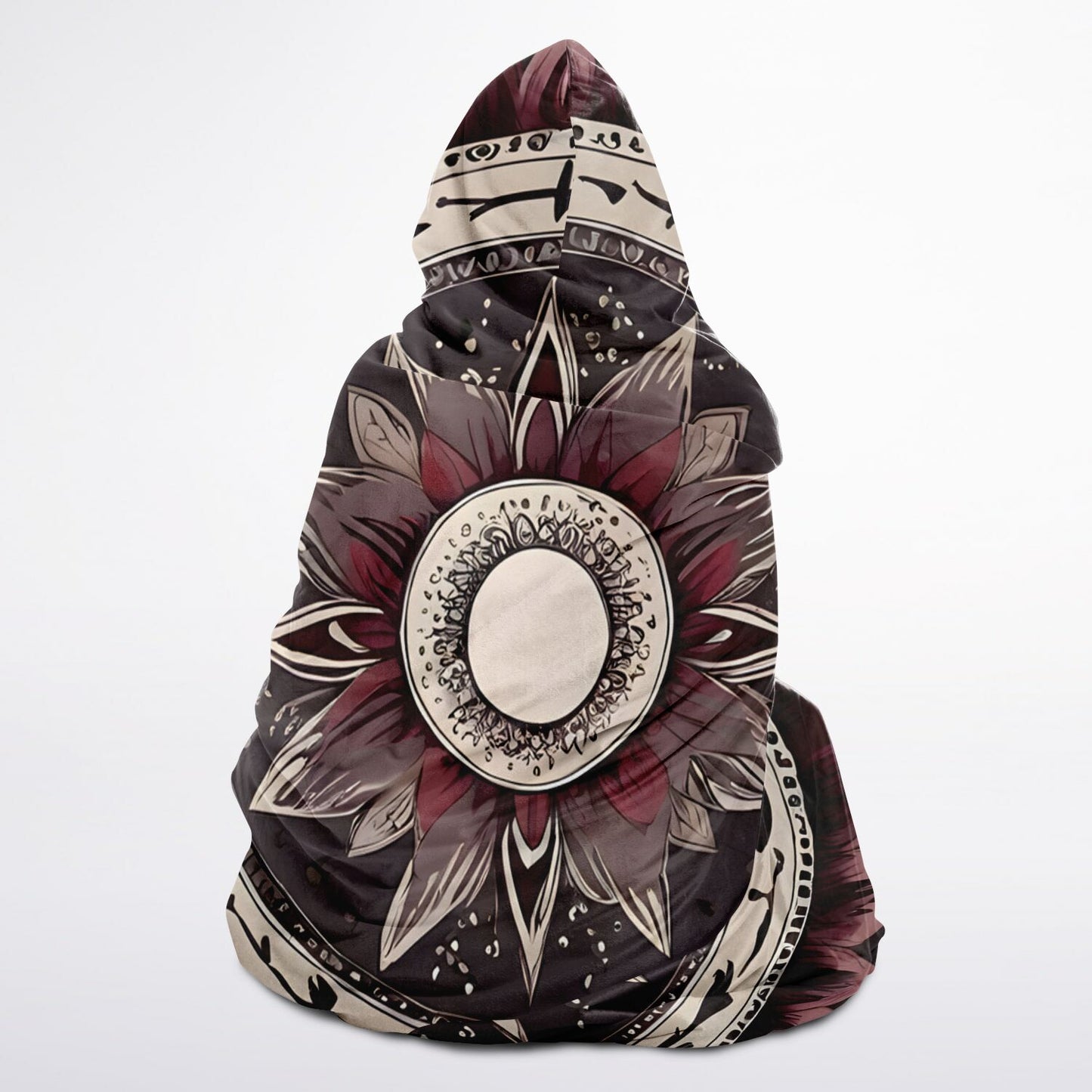 Maroon Mandala Hooded Blanket - Sherpa Fleece with Americana Boho Festival Design