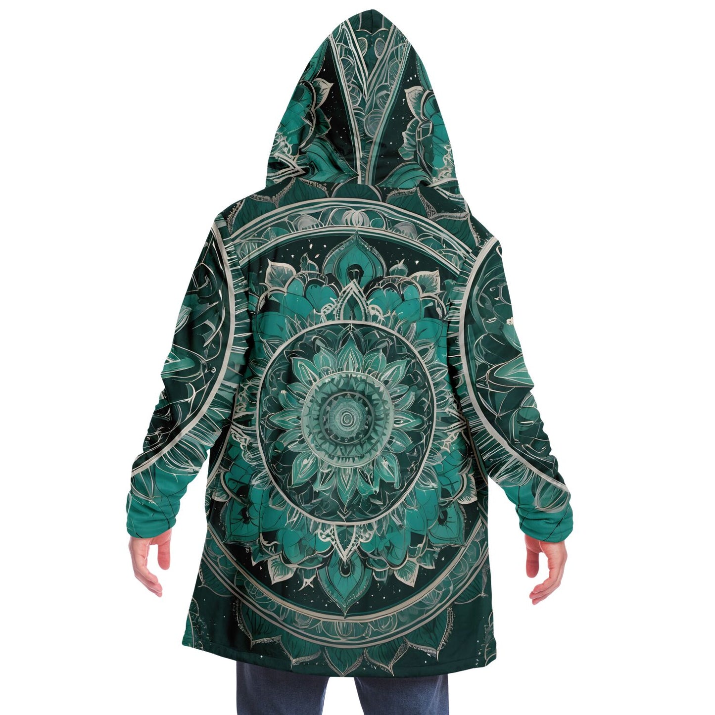 Emerald Mandala Hooded Cloak - Durable Fleece Cloak with Abstract Mandala Pattern
