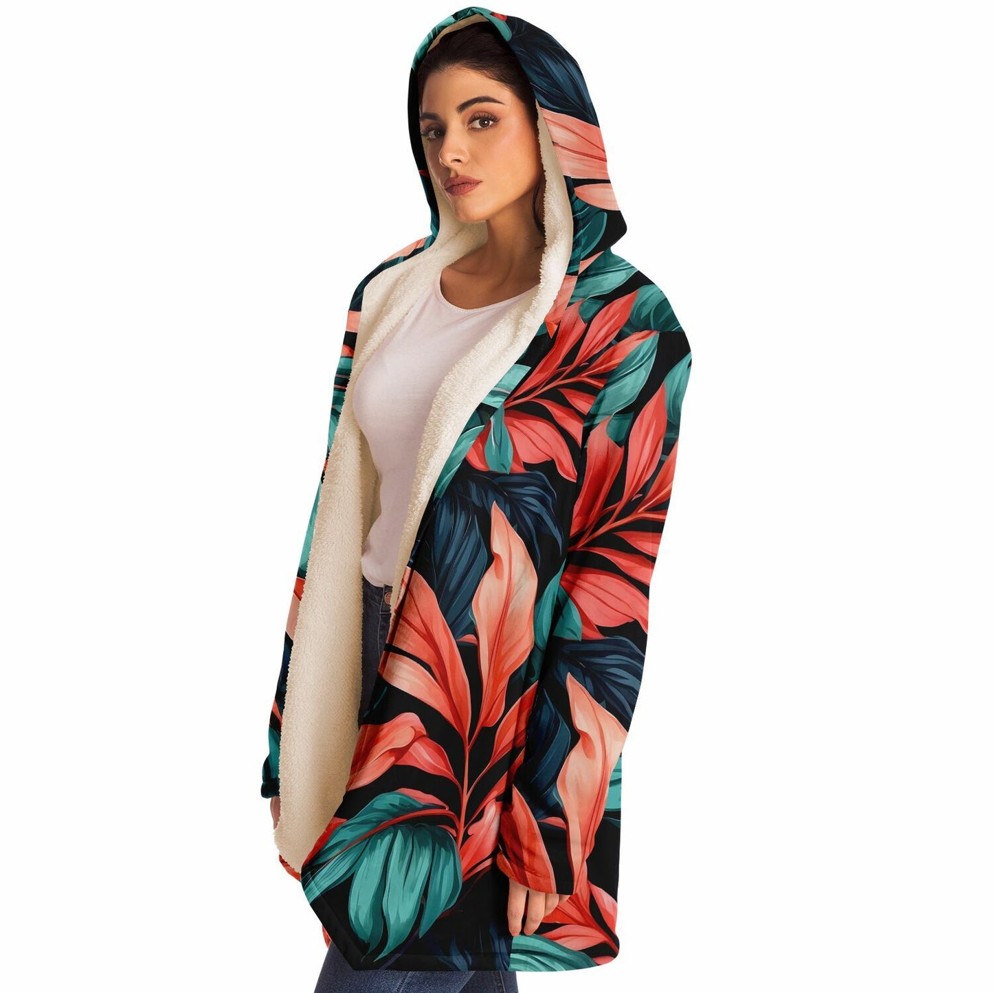 Festival Style Hooded Cloak - Fleece Cloak with Bold Floral Patterns