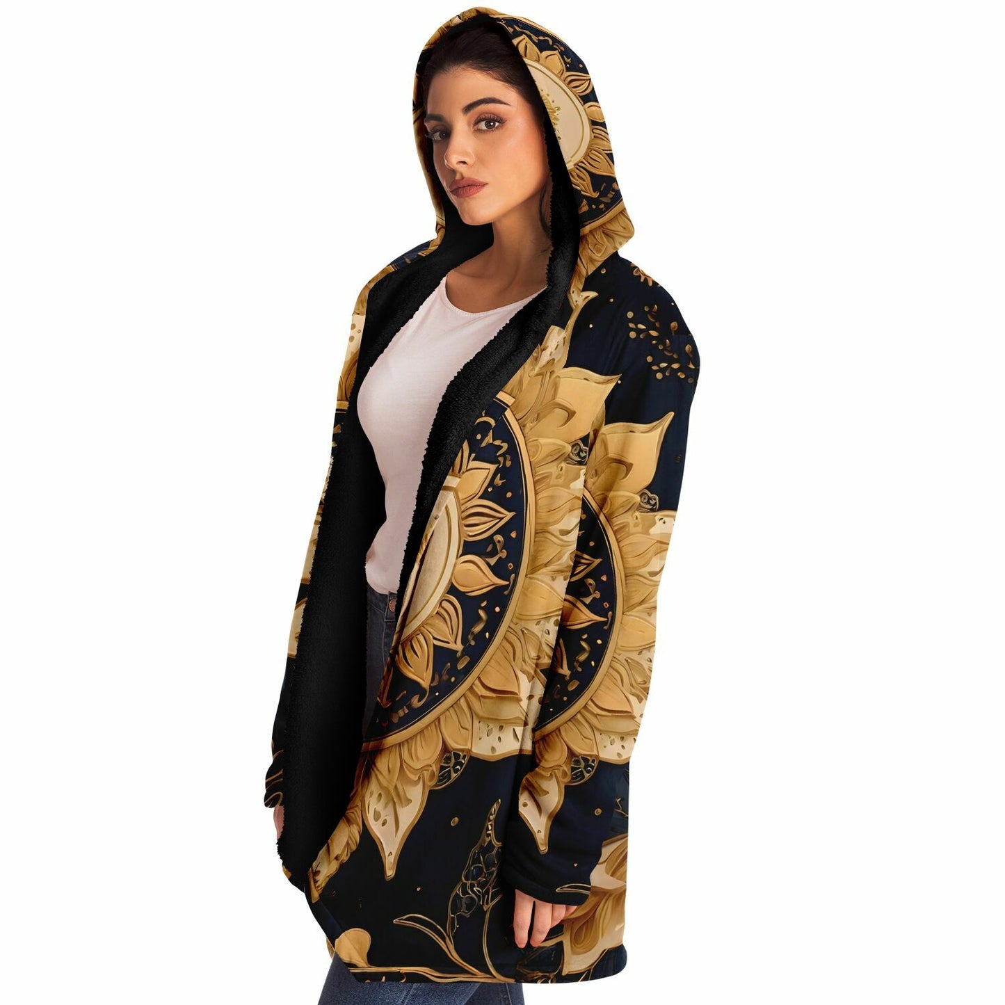 Celestial Blue Hooded Cloak - Sherpa Fleece with Gold Sun and Solar Aesthetics
