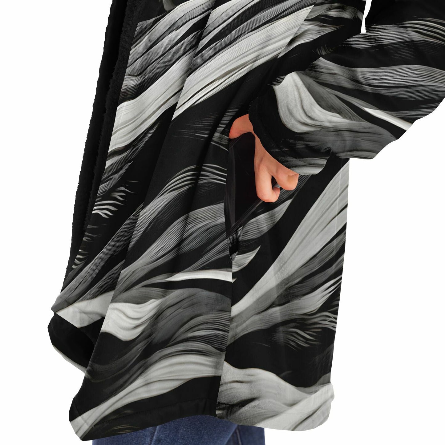Rave Fashion Hooded Cloak - Fleece Lined Festival Wear with Black Swirl Pattern