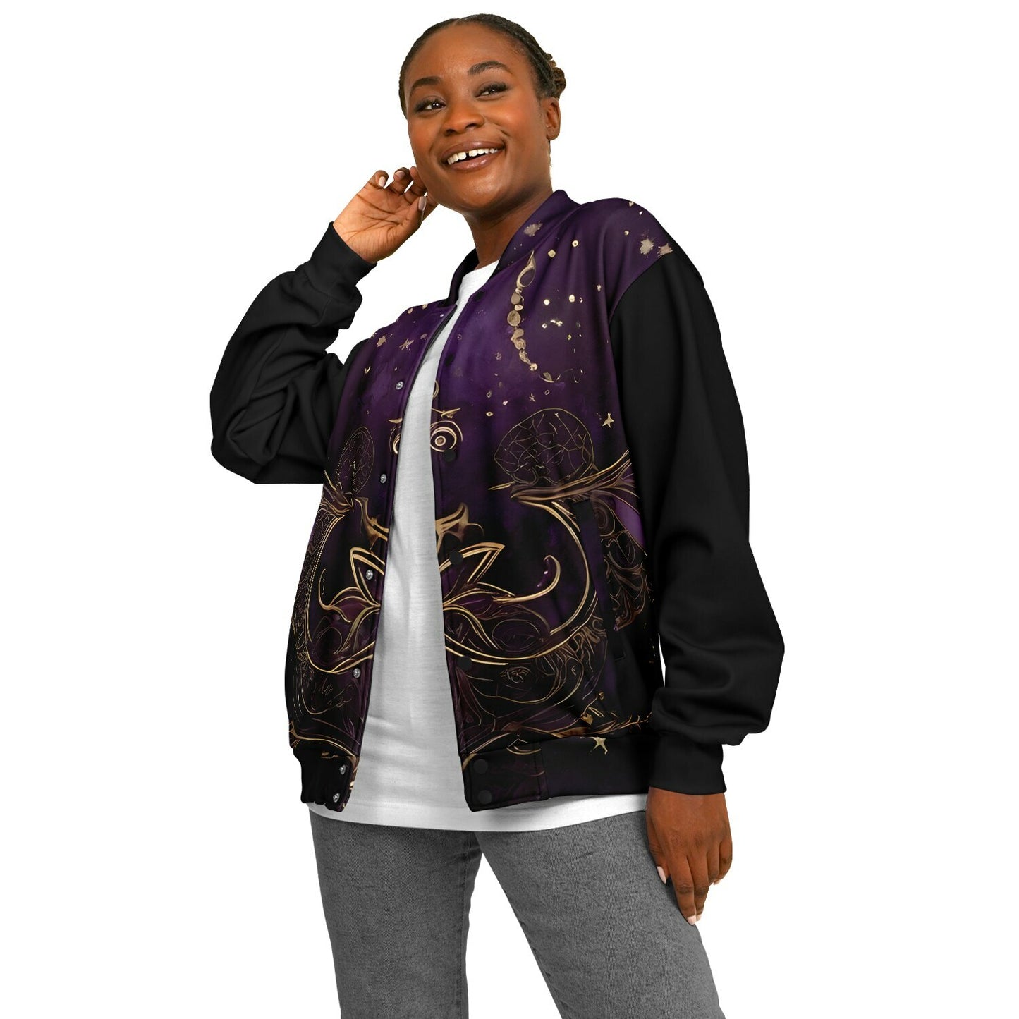 Celestial Purple Baseball Jacket - Festival Outerwear with Purple and Gold Stars