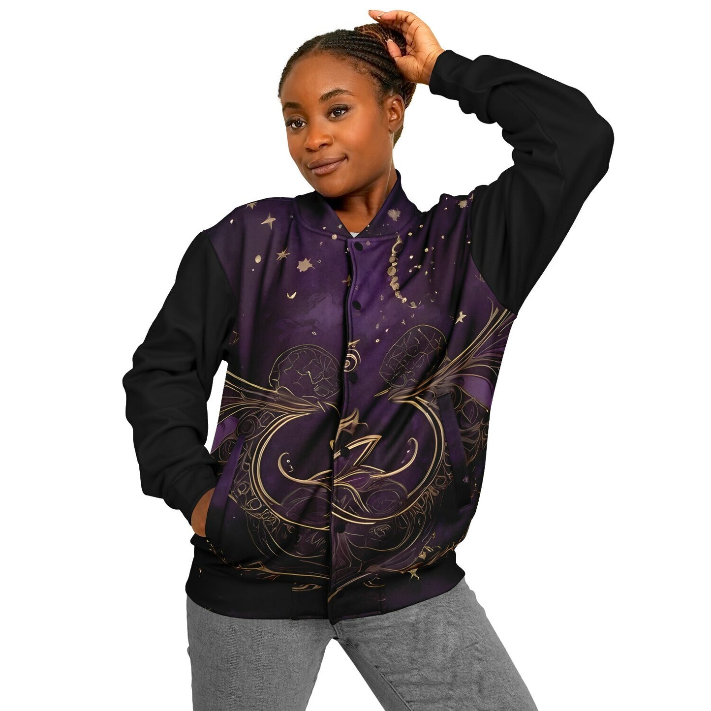 Celestial Purple Baseball Jacket - Festival Outerwear with Purple and Gold Stars