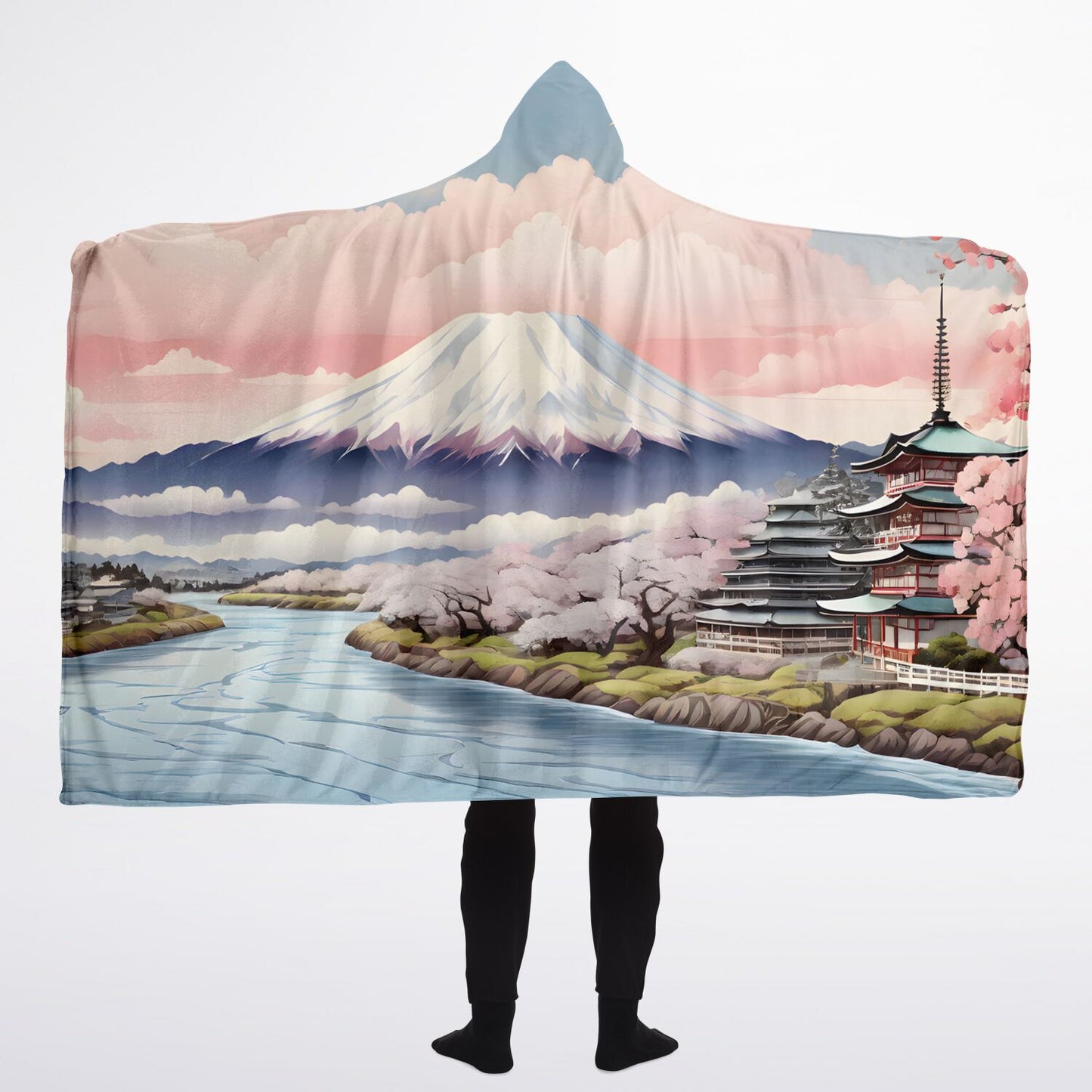 Pastel Mount Fuji Hooded Blanket - Sherpa Fleece with Japanese Fantasy Scene