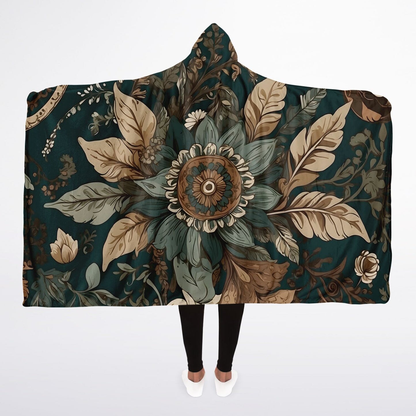 Dark Sage Hooded Blanket - Sherpa Fleece with Boho Floral Green Artwork