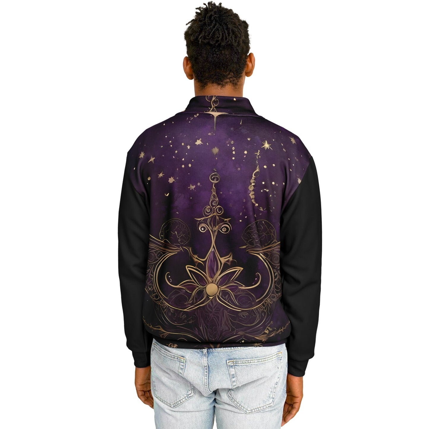 Celestial Purple Baseball Jacket - Festival Outerwear with Purple and Gold Stars