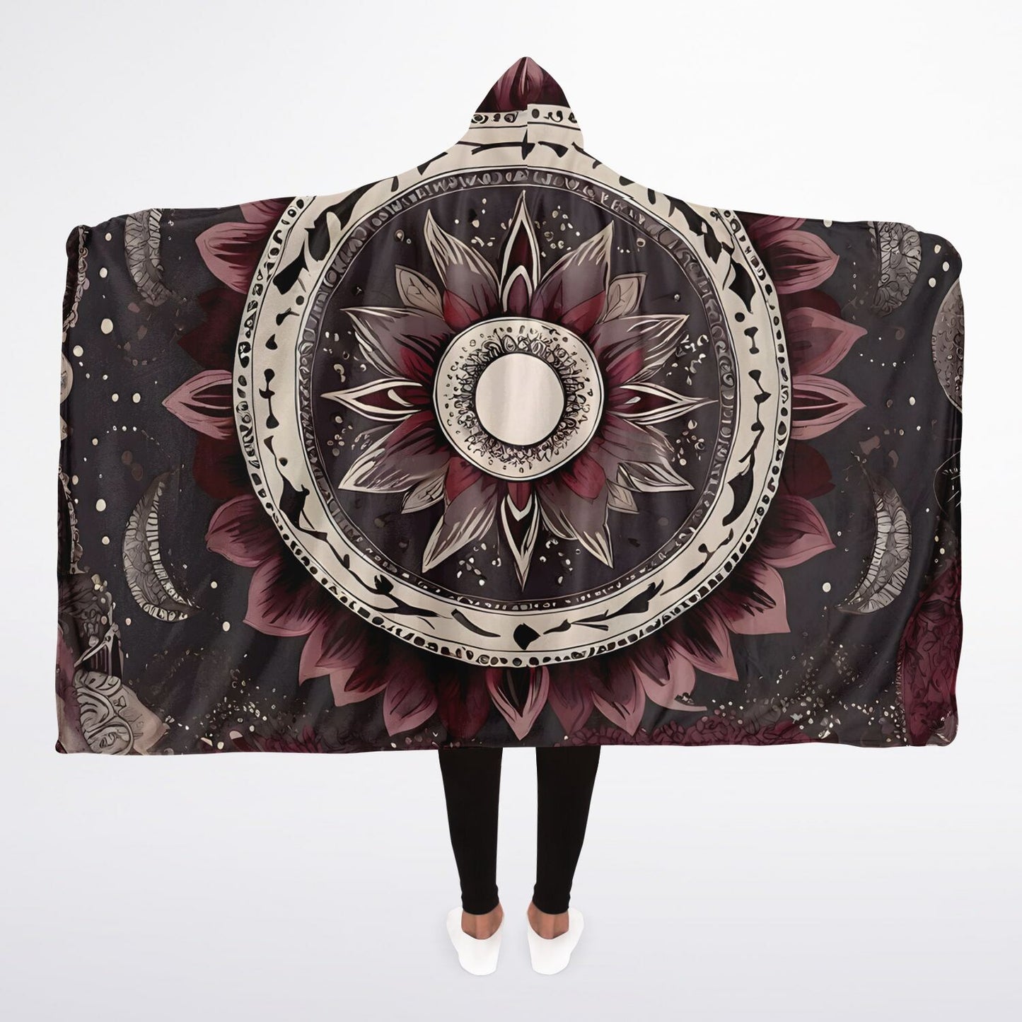 Maroon Mandala Hooded Blanket - Sherpa Fleece with Americana Boho Festival Design