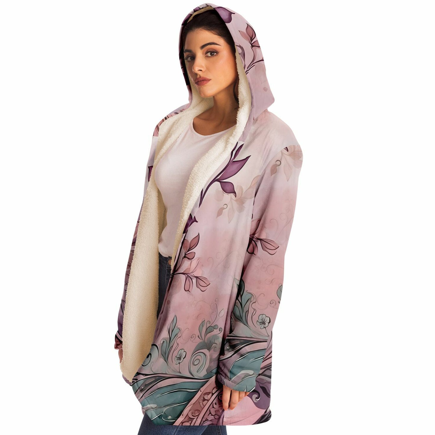 Floral Hooded Cloak - Sherpa Fleece with Boho Pastel Flower Design