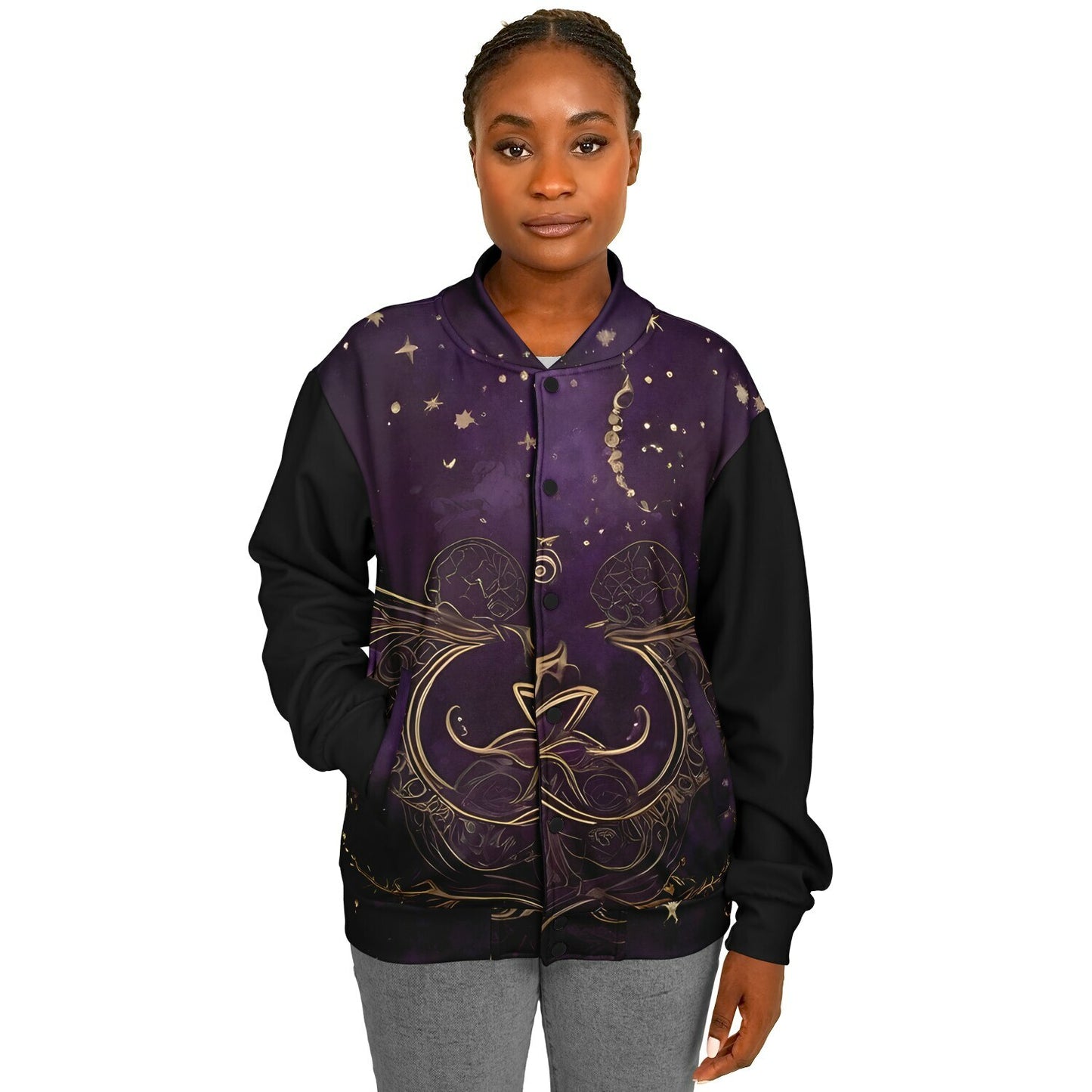 Celestial Purple Baseball Jacket - Festival Outerwear with Purple and Gold Stars