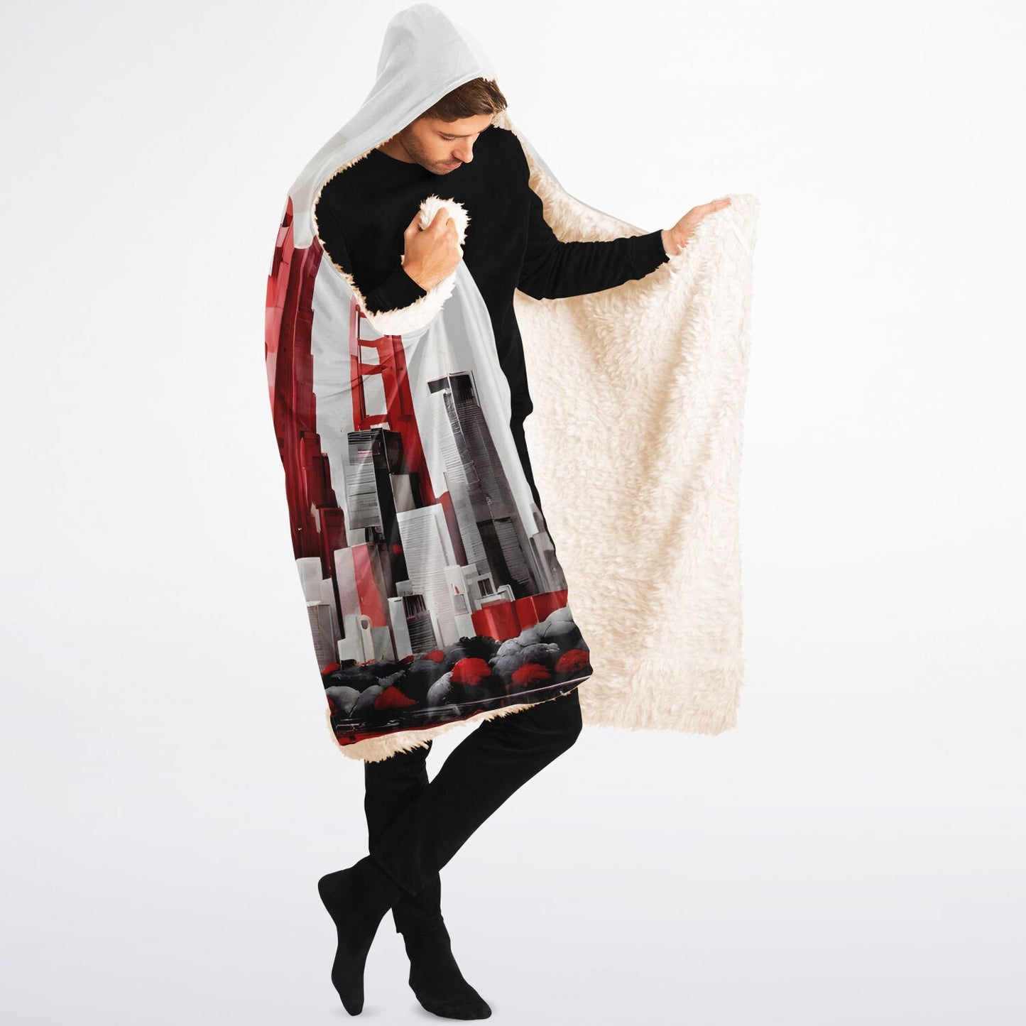 Bold Print Hooded Blanket - Sherpa Fleece with City White and Bold Red Accents