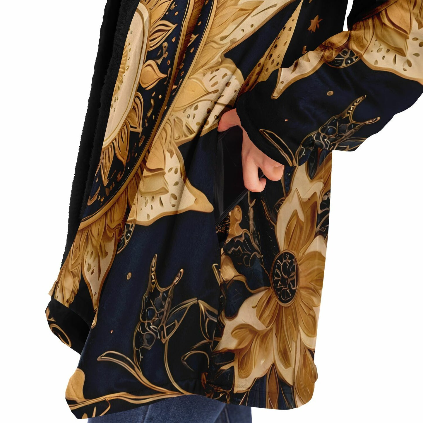 Celestial Blue Hooded Cloak - Sherpa Fleece with Gold Sun and Solar Aesthetics