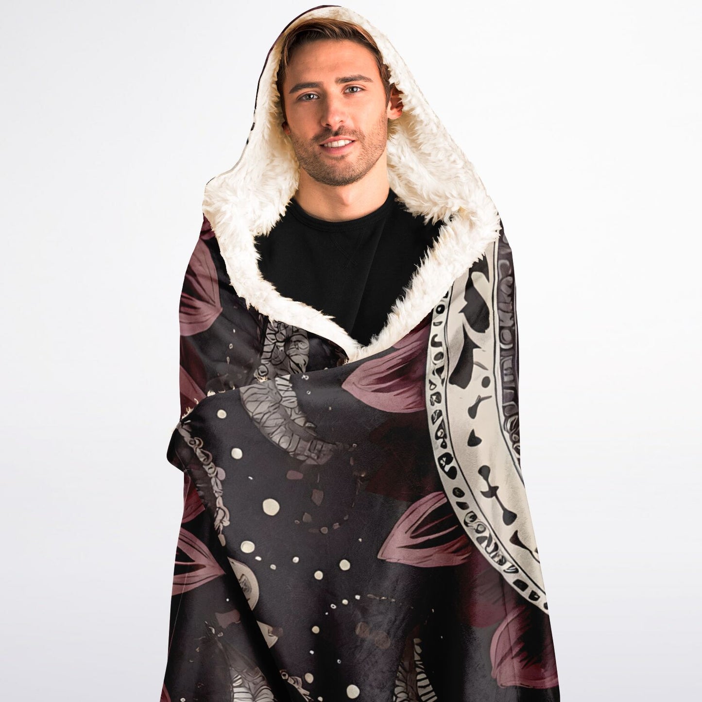 Maroon Mandala Hooded Blanket - Sherpa Fleece with Americana Boho Festival Design