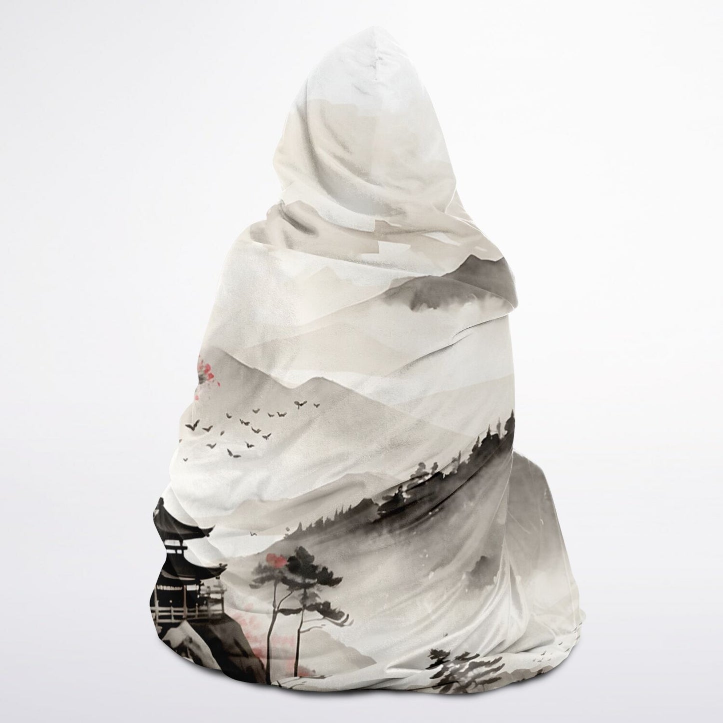 Japanese Mountain Hooded Blanket - Sherpa Fleece with Fantasy Watercolour Painting Artwork