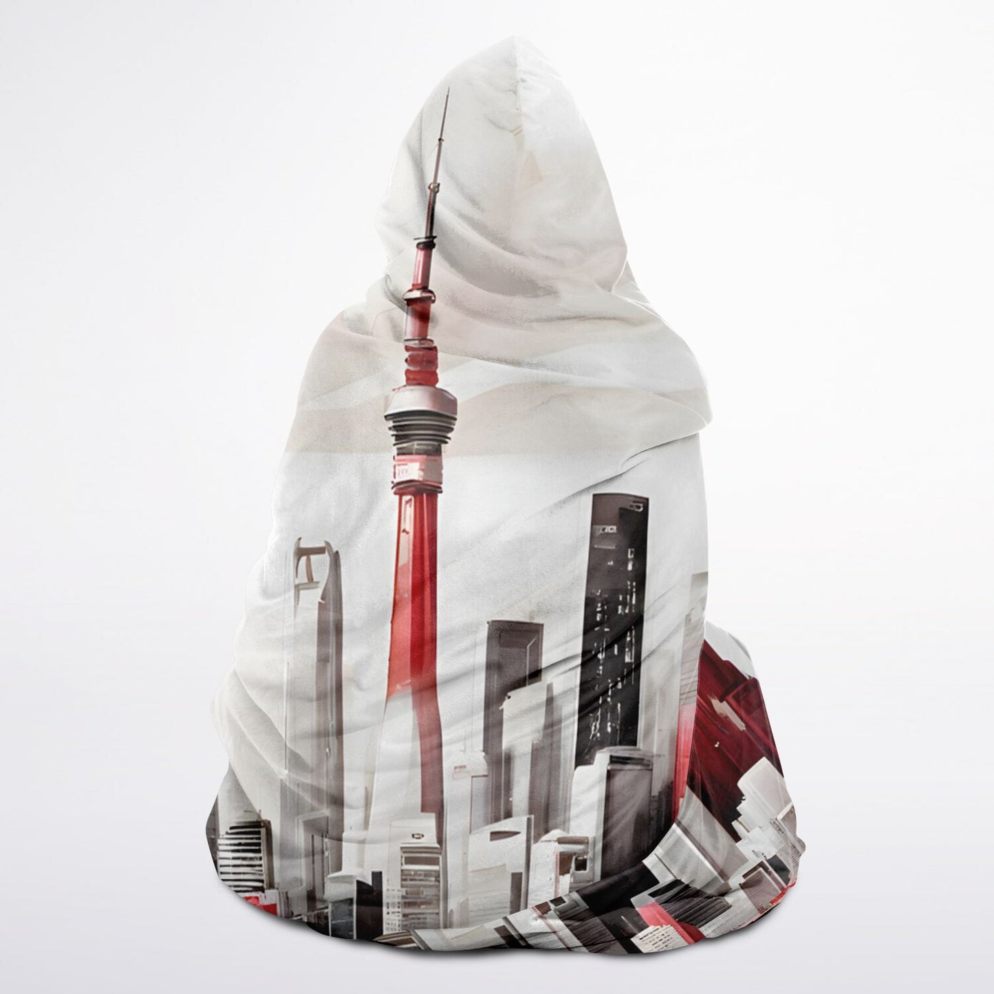 Bold Print Hooded Blanket - Sherpa Fleece with City White and Bold Red Accents