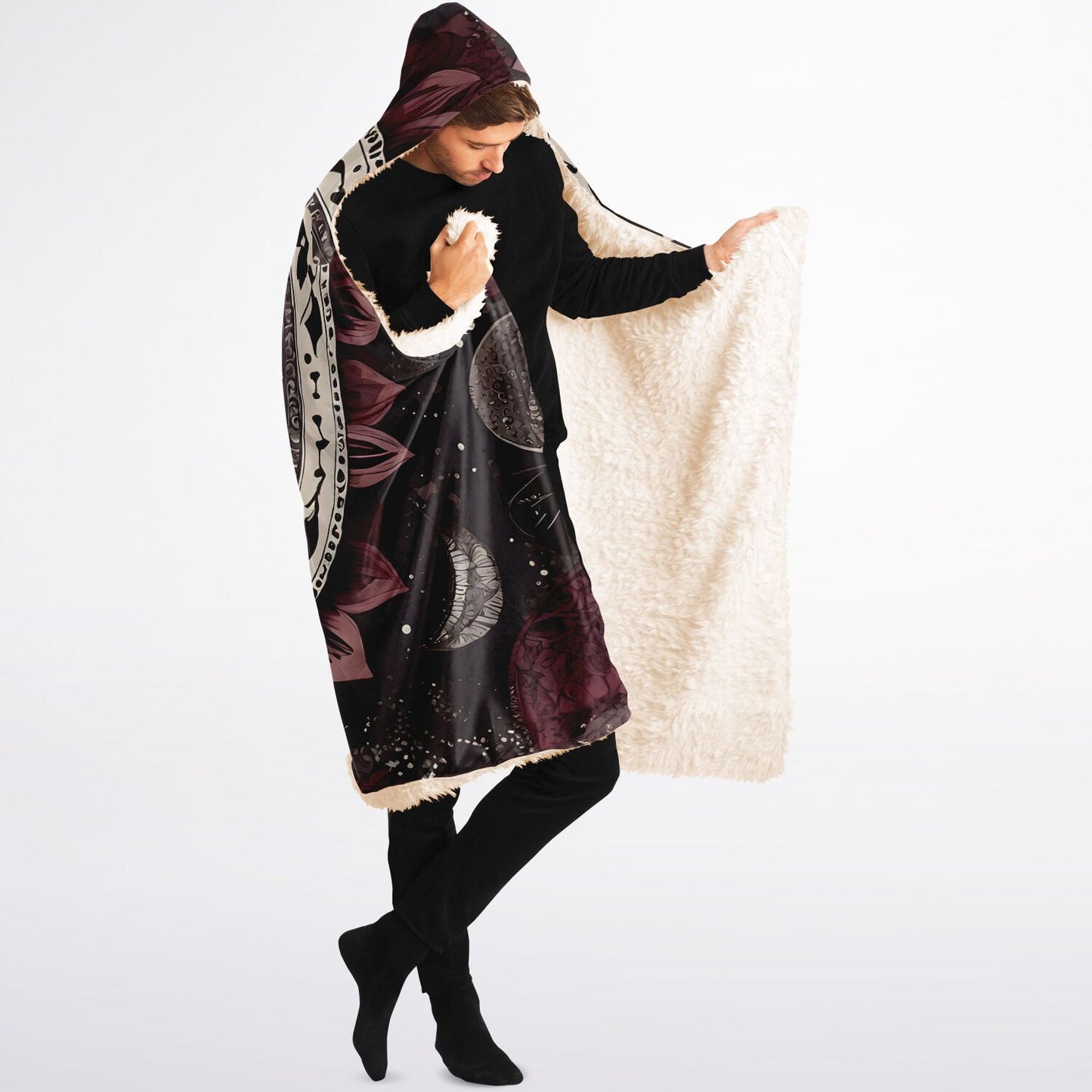 Maroon Mandala Hooded Blanket - Sherpa Fleece with Americana Boho Festival Design
