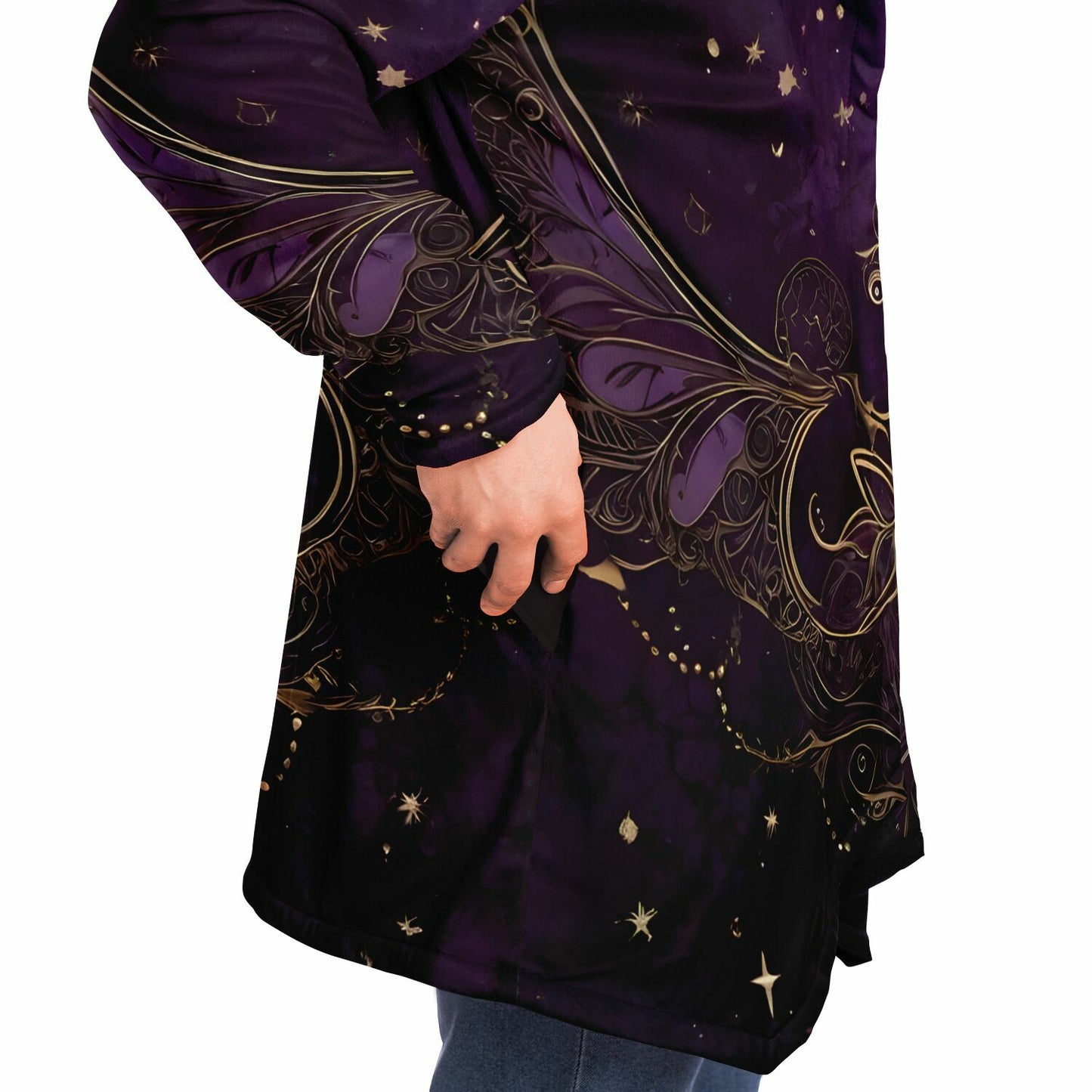 Celestial Purple Hooded Cloak - Sherpa Fleece with Fantastical Gold outlines and Stars