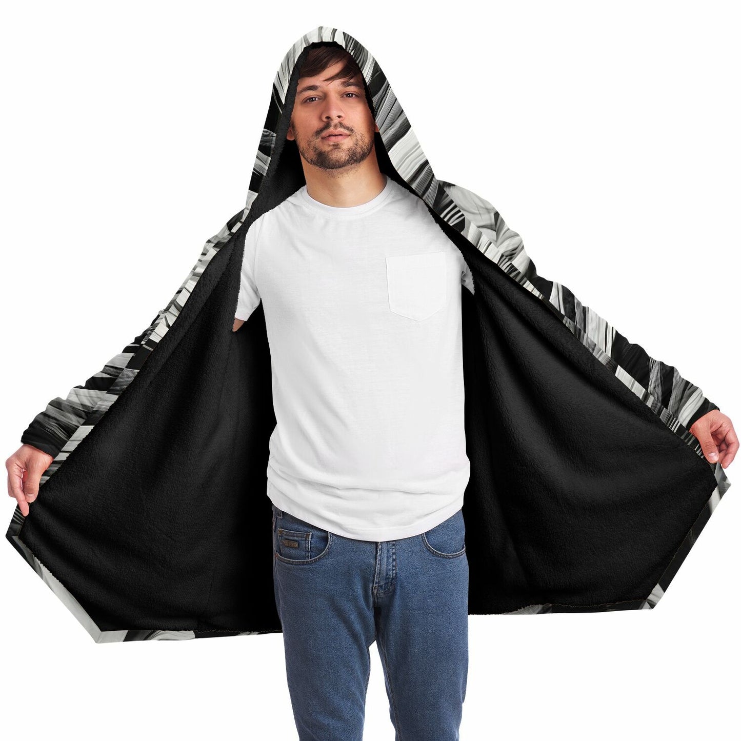 Rave Fashion Hooded Cloak - Fleece Lined Festival Wear with Black Swirl Pattern