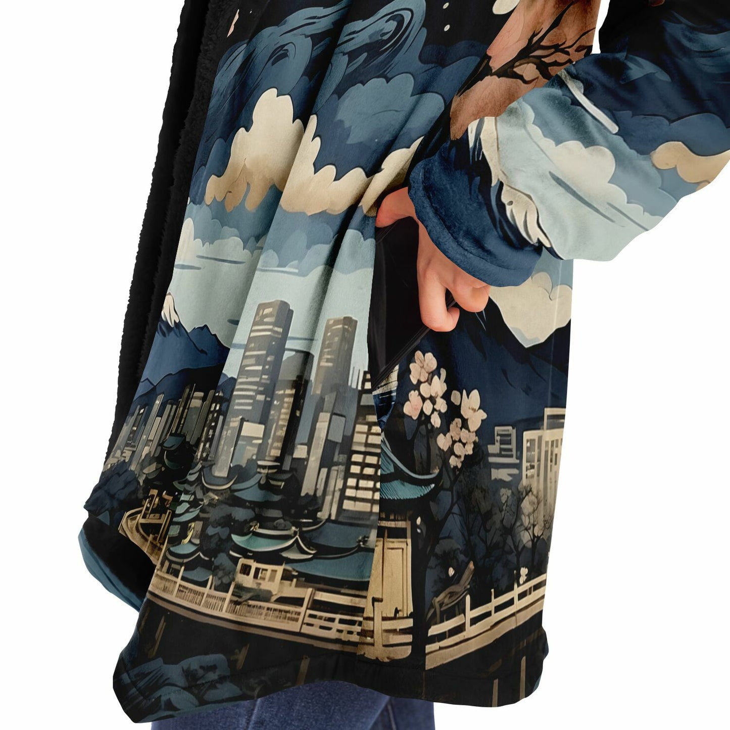 Painted Kyoto Hooded Cloak - Sherpa Fleece with Anime Japanese City Skyline