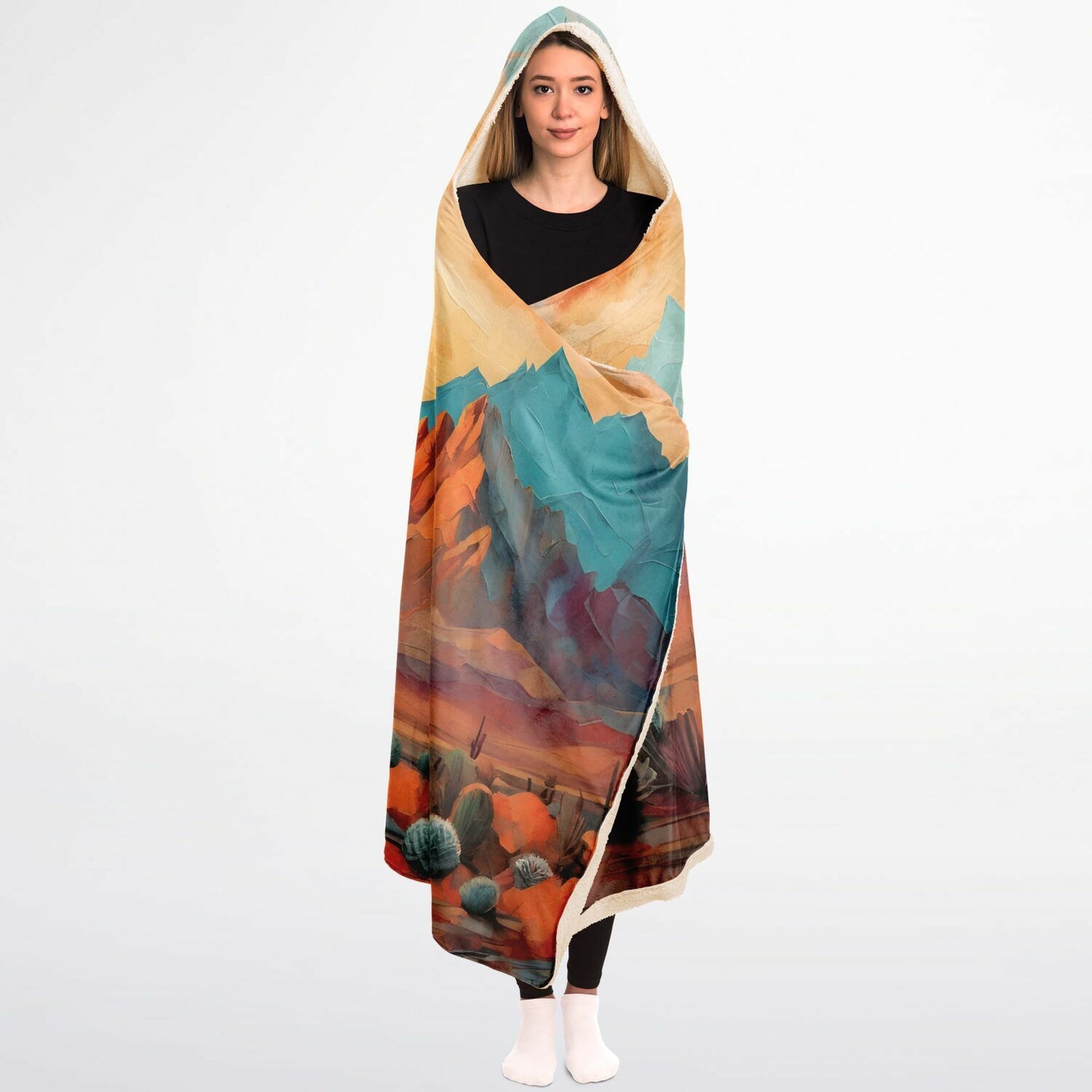 Design Hooded Blanket - Festival Style Sherpa Fleece with Teal & Orange Artwork