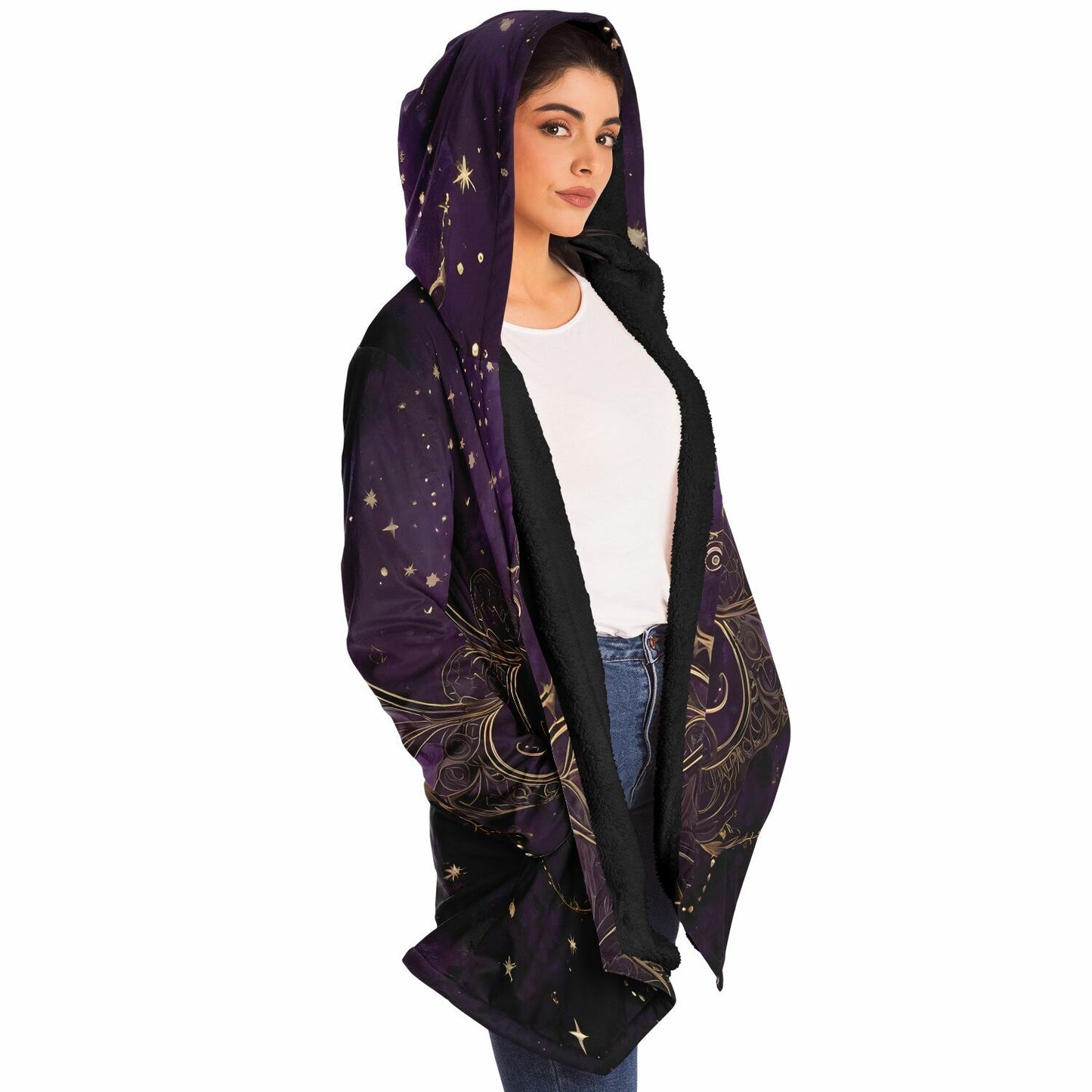 Celestial Purple Hooded Cloak - Sherpa Fleece with Fantastical Gold outlines and Stars