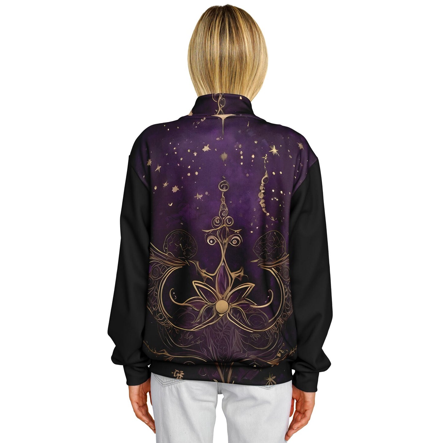 Celestial Purple Baseball Jacket - Festival Outerwear with Purple and Gold Stars