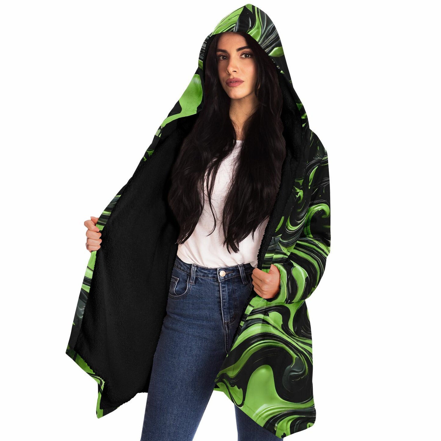 Green Raver's Hooded Cloak - Festival Fleece Cloak with Swirl Pattern