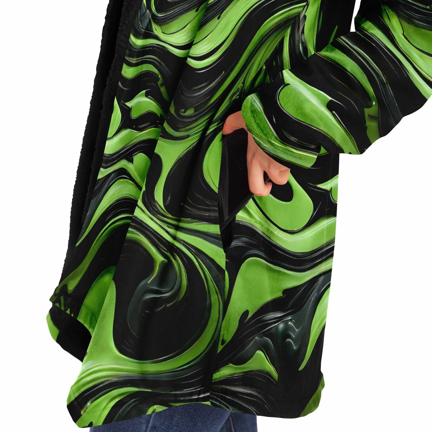 Green Raver's Hooded Cloak - Festival Fleece Cloak with Swirl Pattern