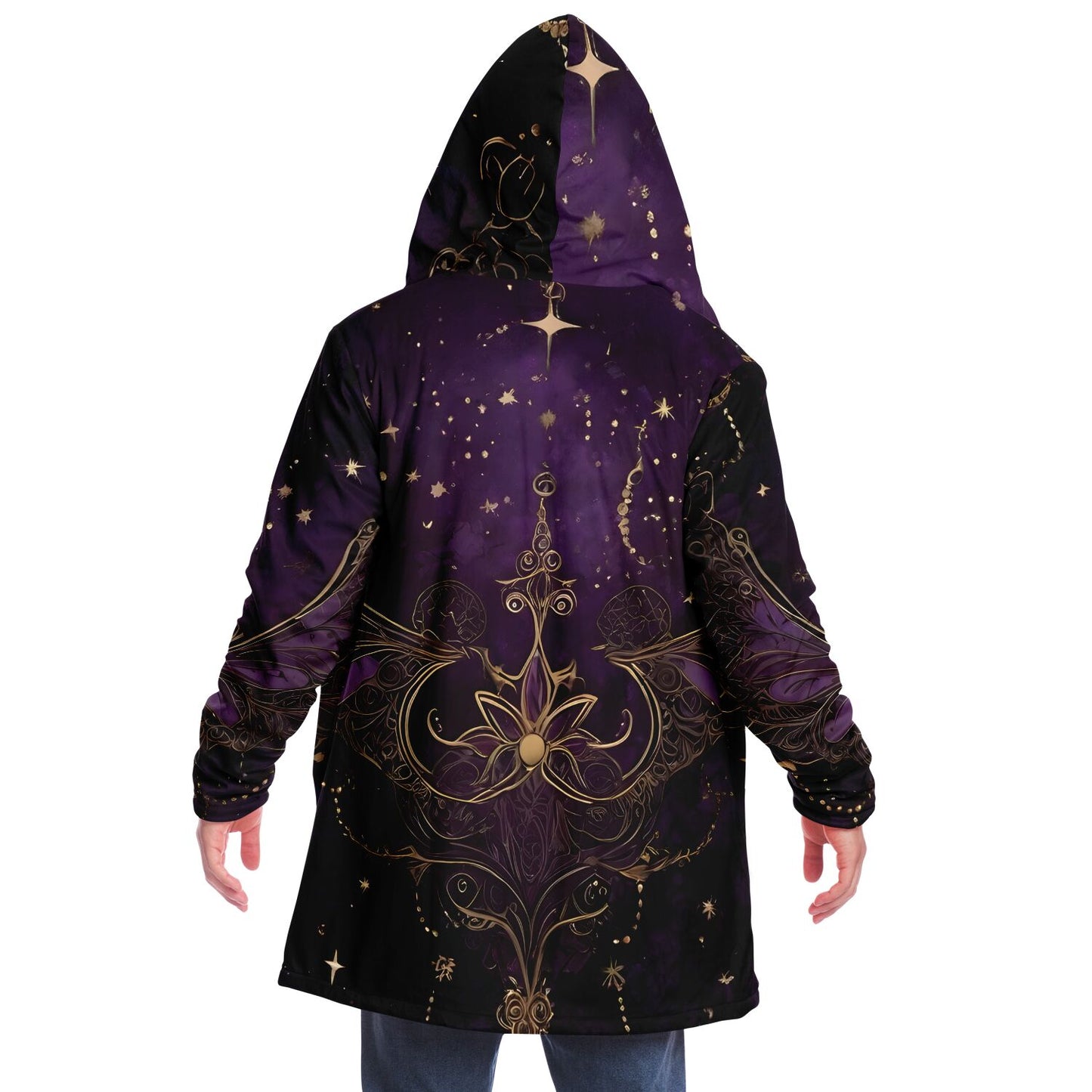 Celestial Purple Hooded Cloak - Sherpa Fleece with Fantastical Gold outlines and Stars